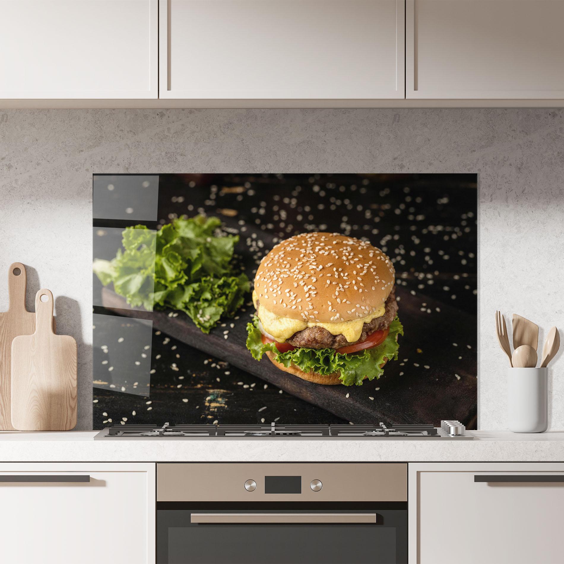 Konyhai üveg hátfal Salad Hamburger mockup 7