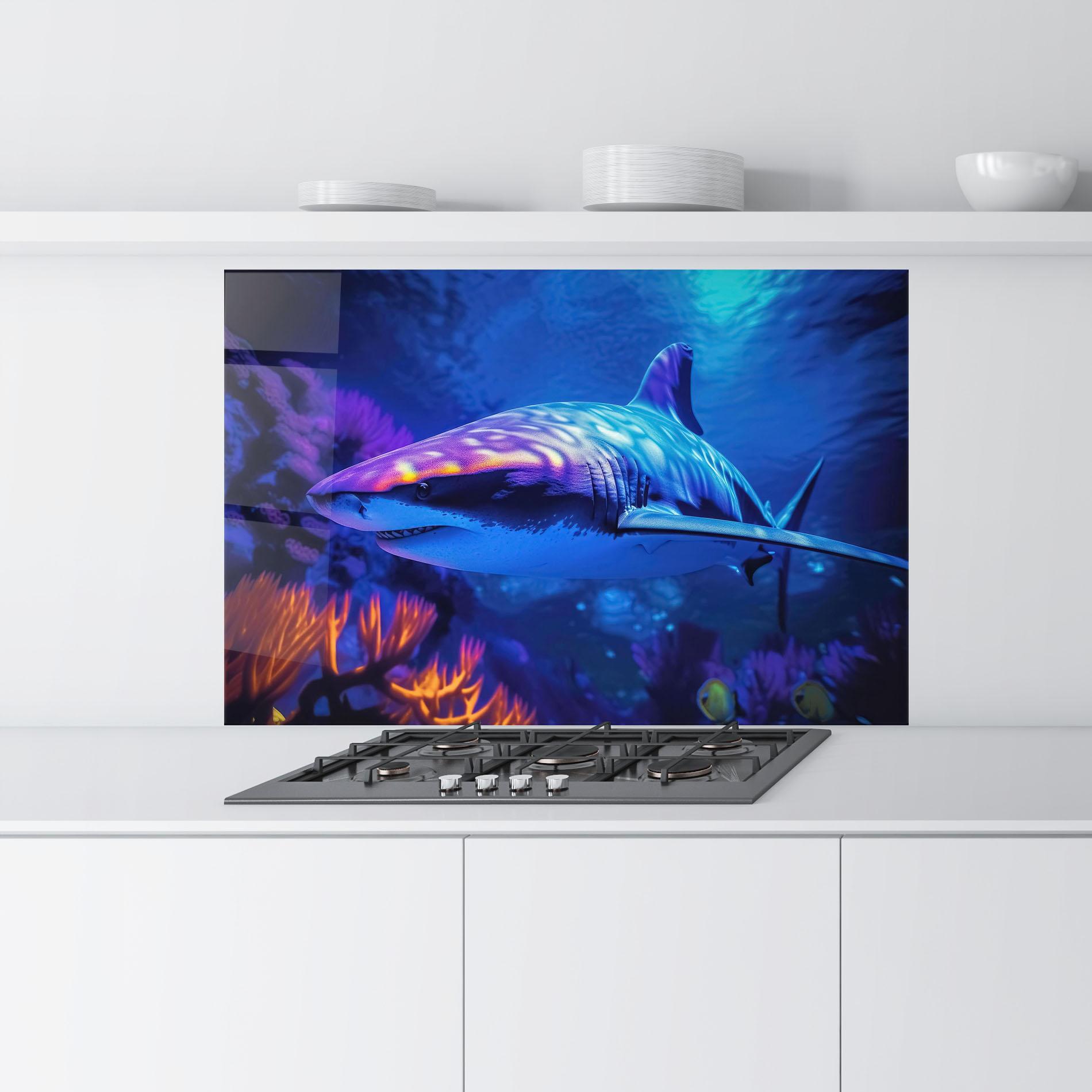 Konyhai üveg hátfal Blue Light Shark mockup 9