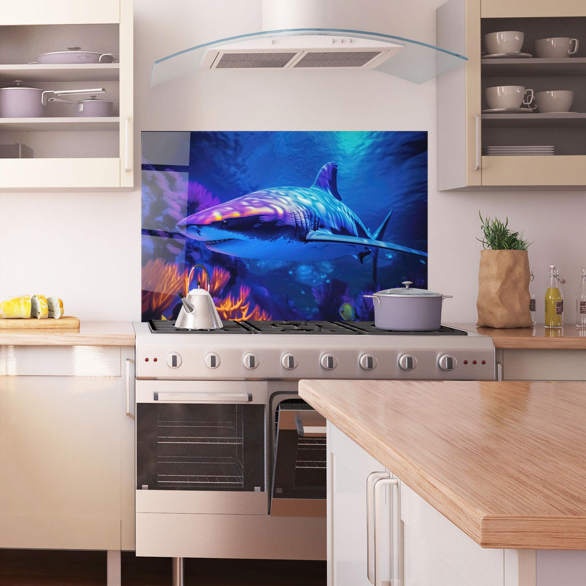 Konyhai üveg hátfal Blue Light Shark mockup 1