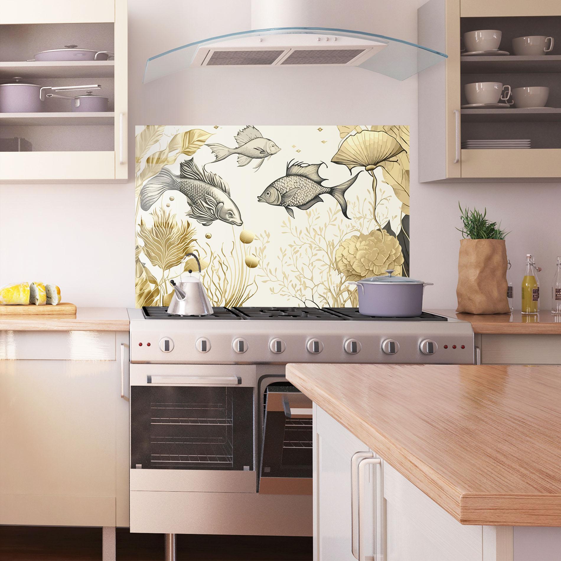 Konyhai üveg hátfal Grey Gold Fish mockup 1
