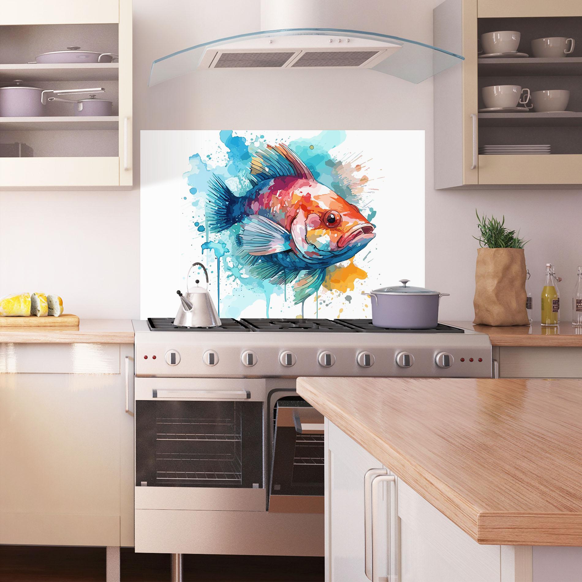 Konyhai üveg hátfal Watercolor Fish mockup 1