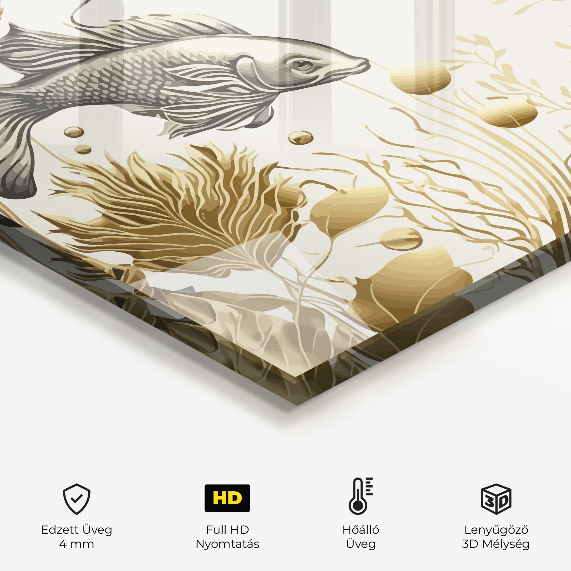 Konyhai üveg hátfal Grey Gold Fish mockup 2