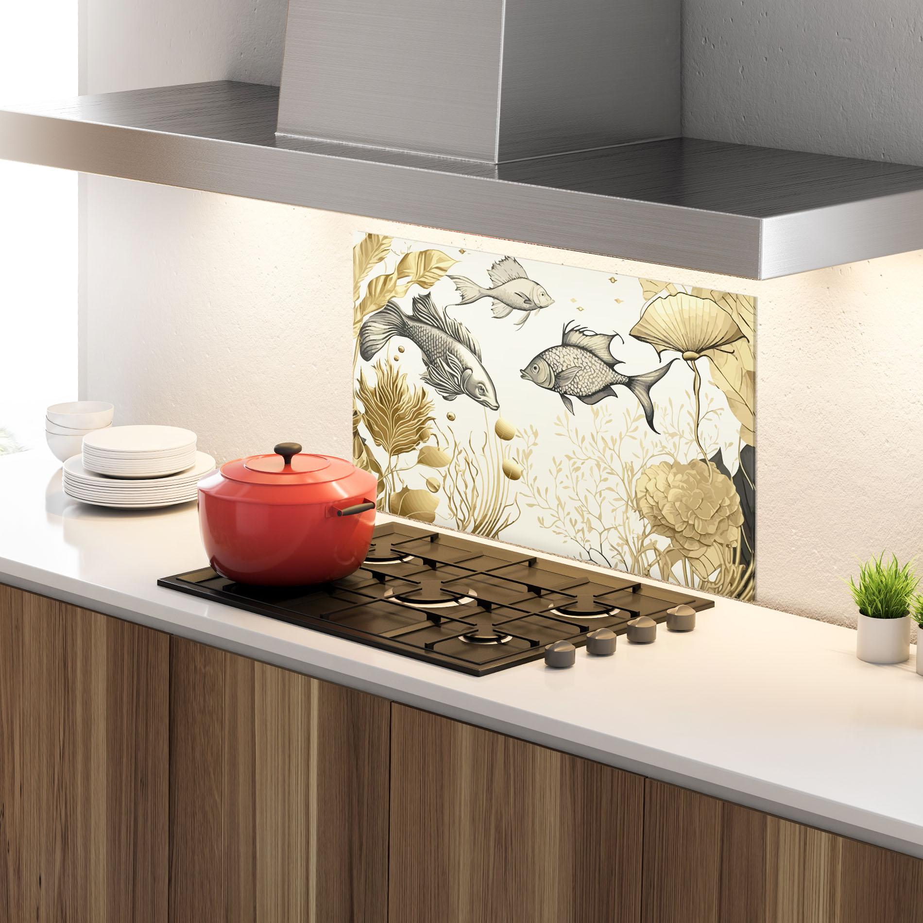 Konyhai üveg hátfal Grey Gold Fish mockup 4