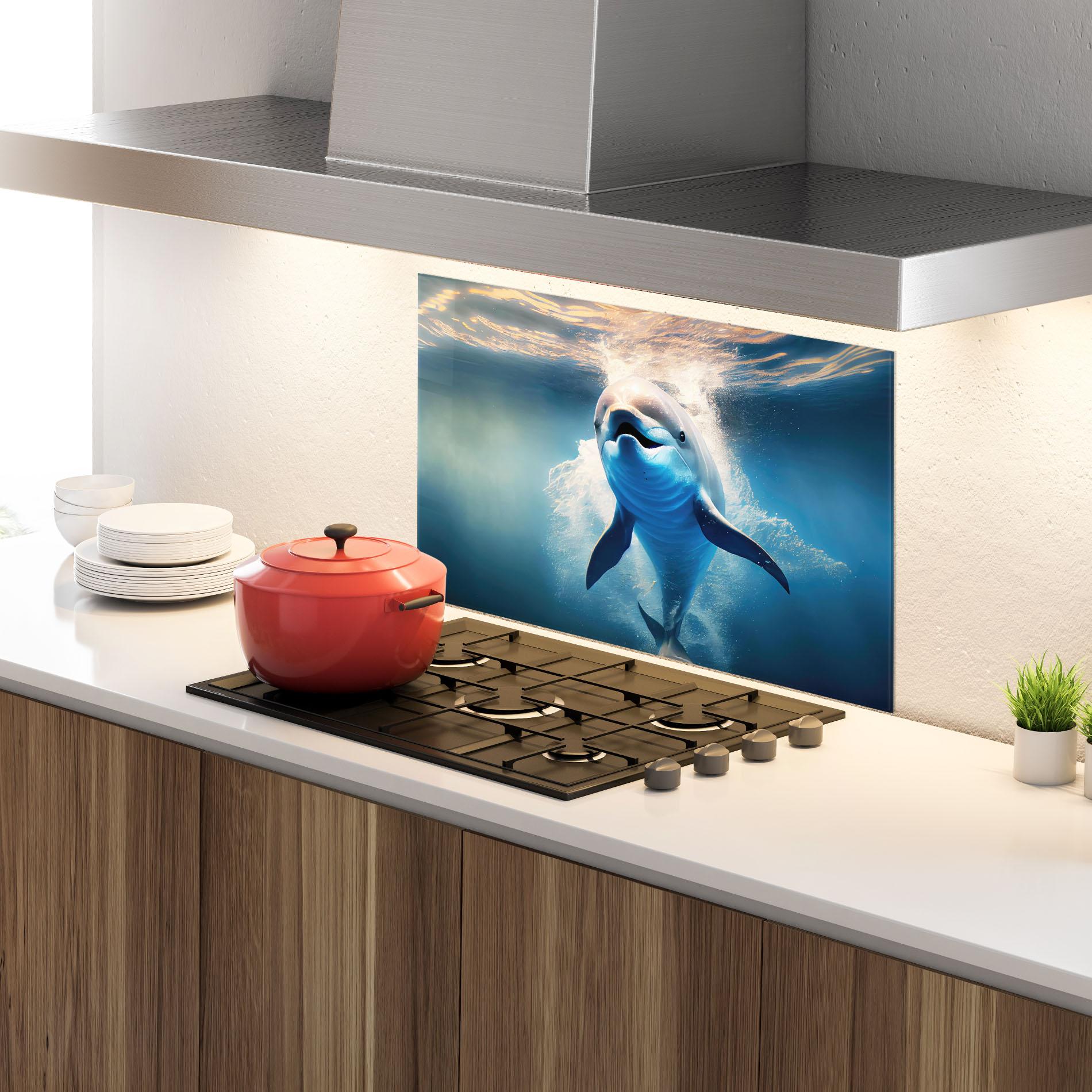 Konyhai üveg hátfal Happy Dolphin mockup 4