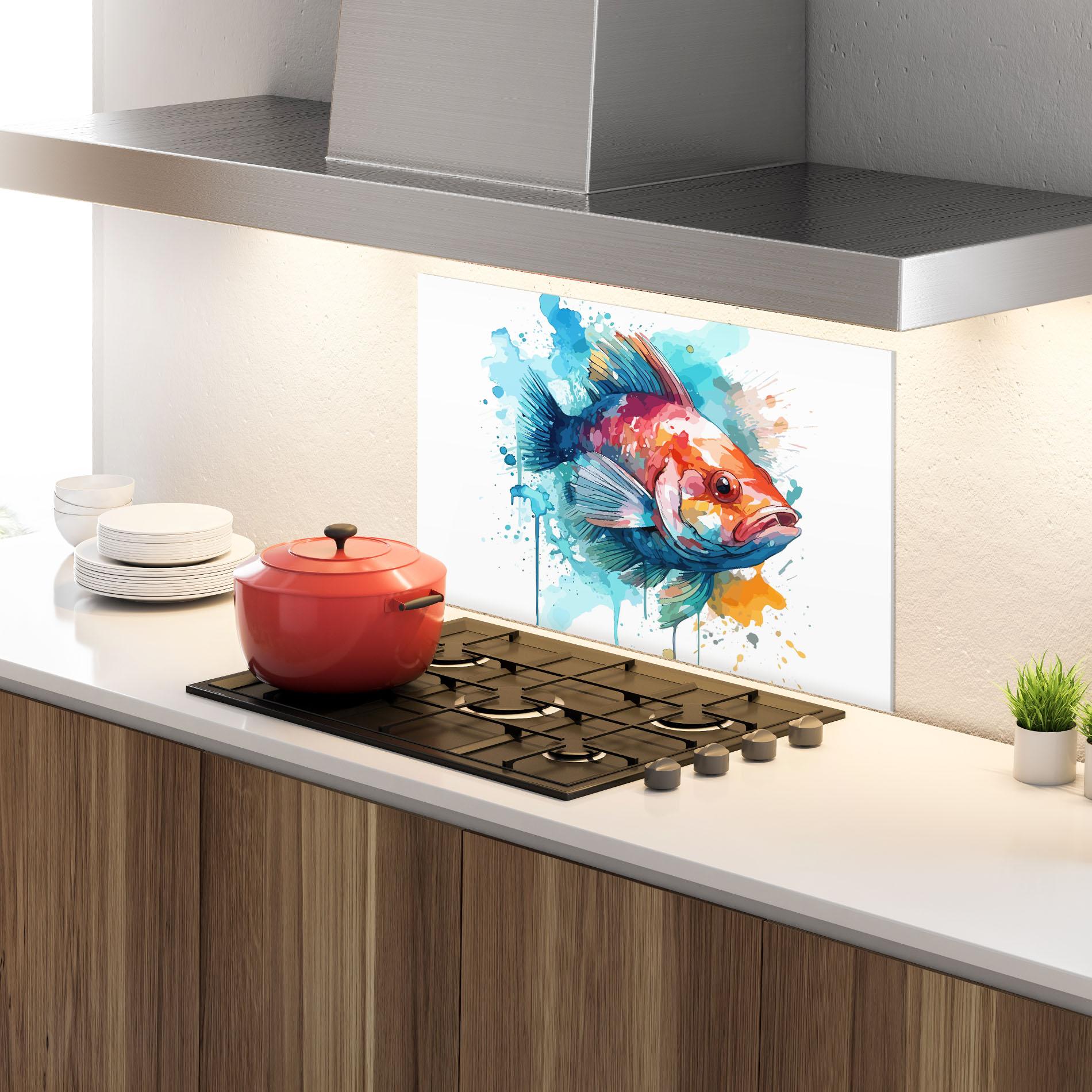 Konyhai üveg hátfal Watercolor Fish mockup 4