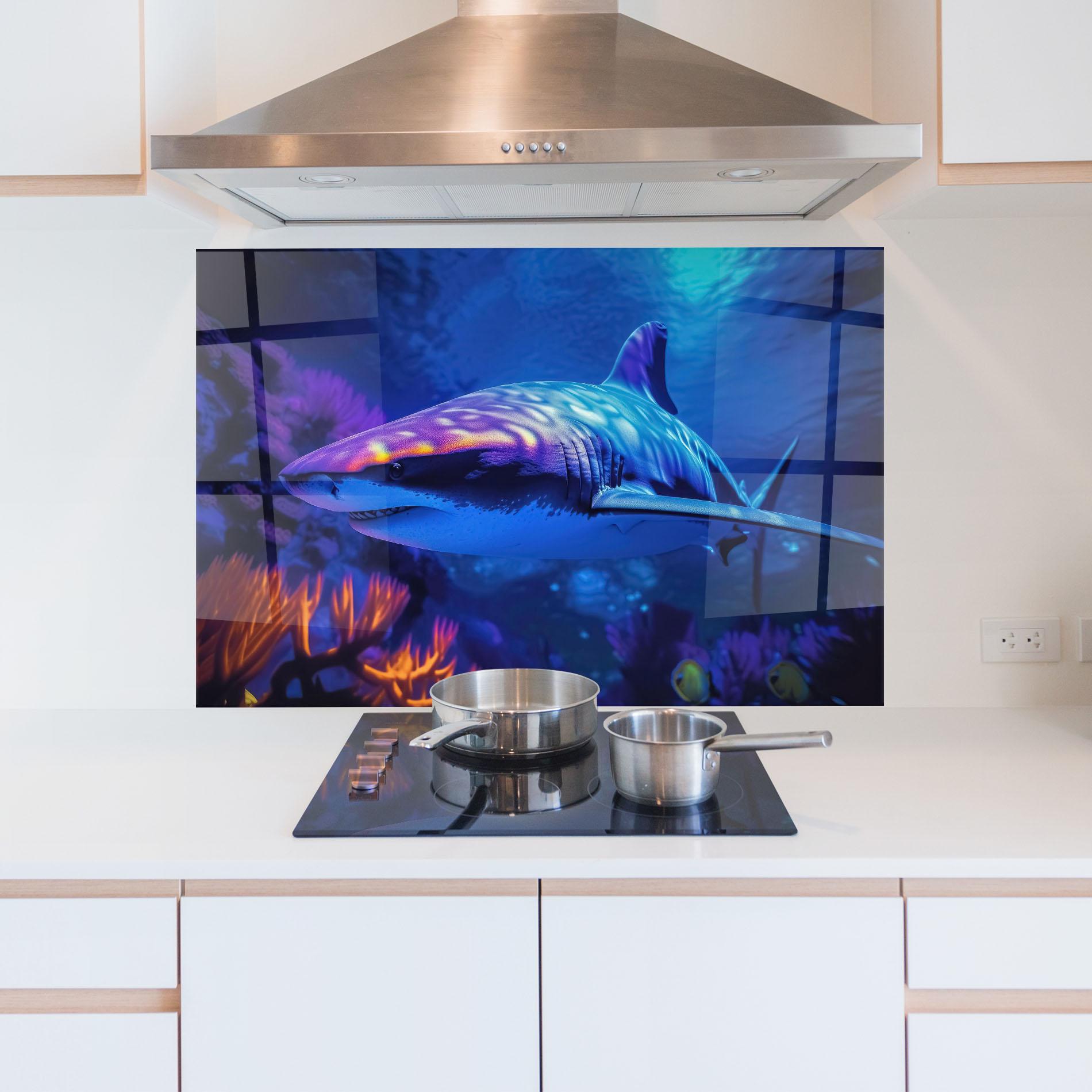 Konyhai üveg hátfal Blue Light Shark mockup 5