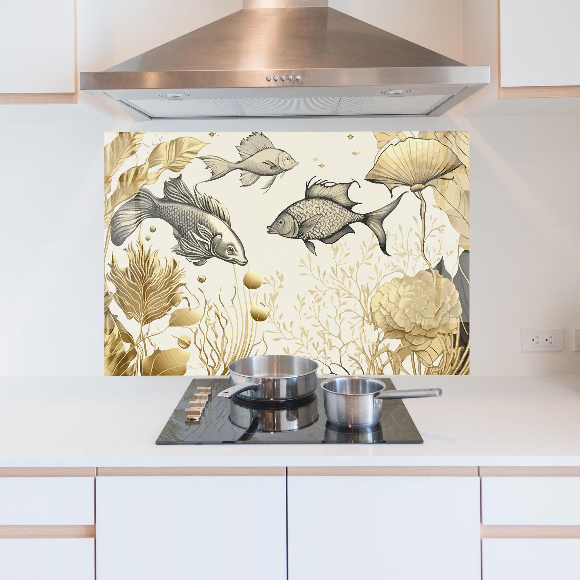 Konyhai üveg hátfal Grey Gold Fish mockup 5