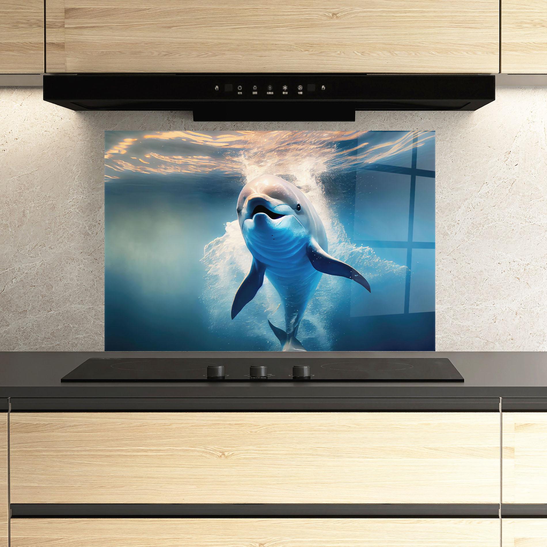 Konyhai üveg hátfal Happy Dolphin mockup 3