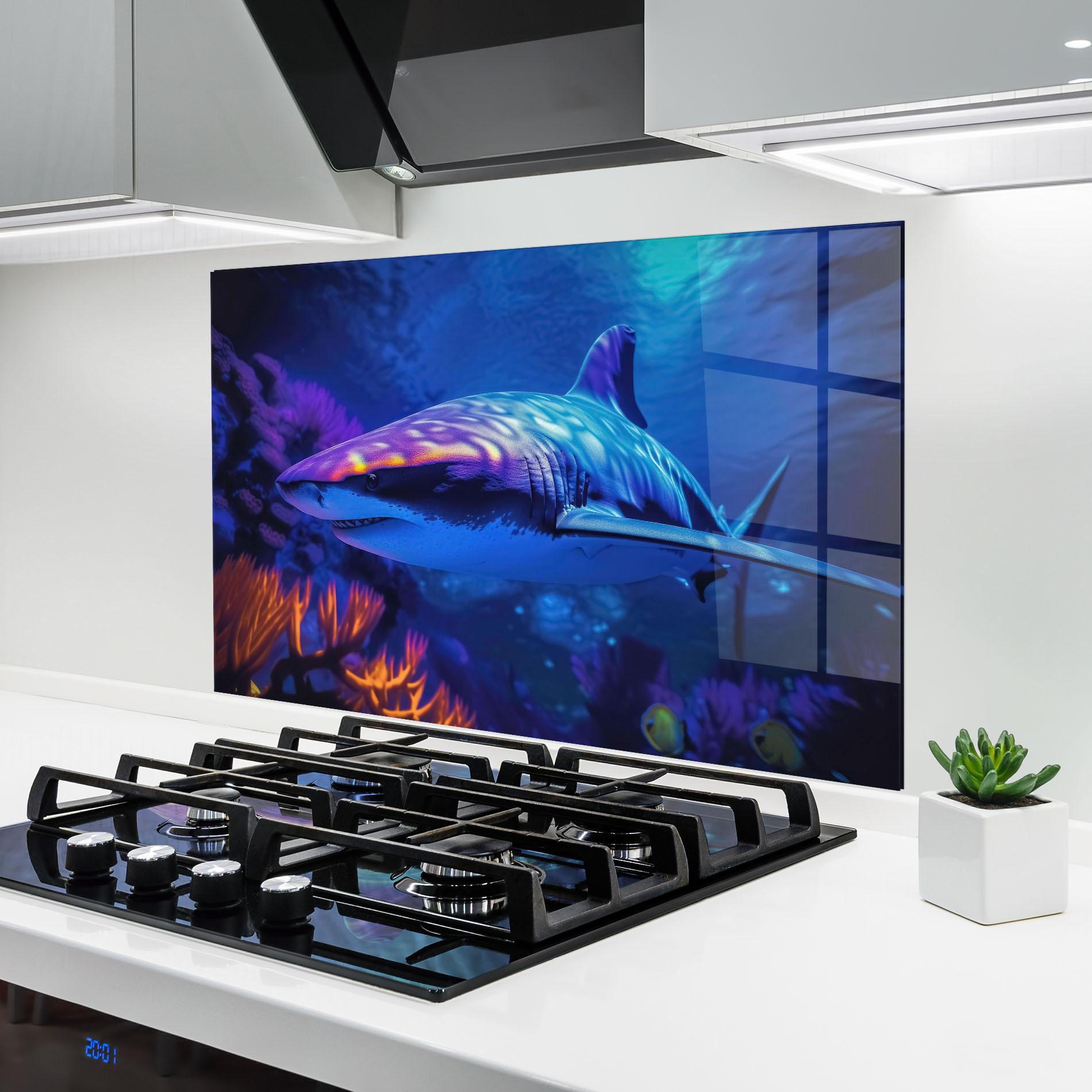 Konyhai üveg hátfal Blue Light Shark mockup 6