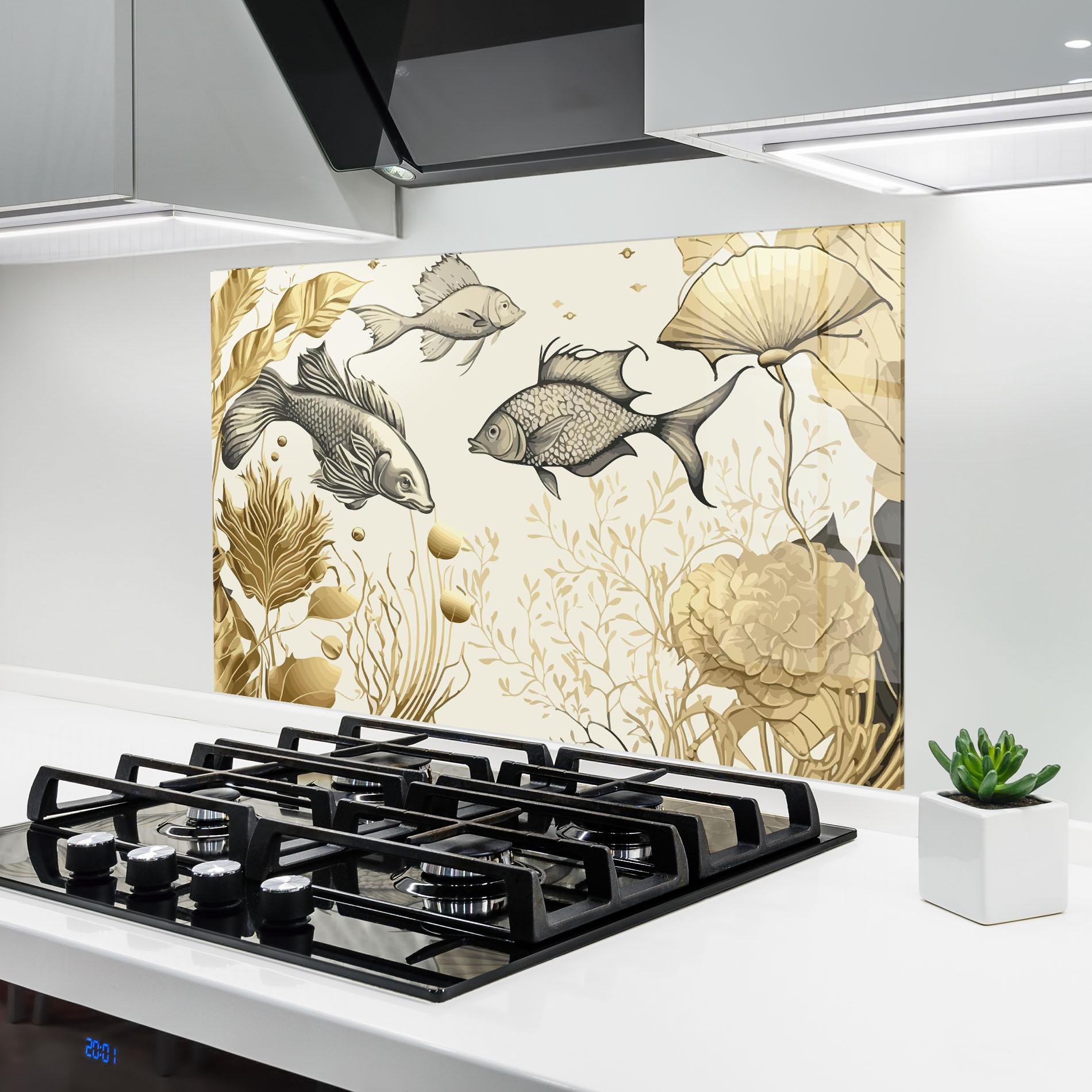 Konyhai üveg hátfal Grey Gold Fish mockup 6