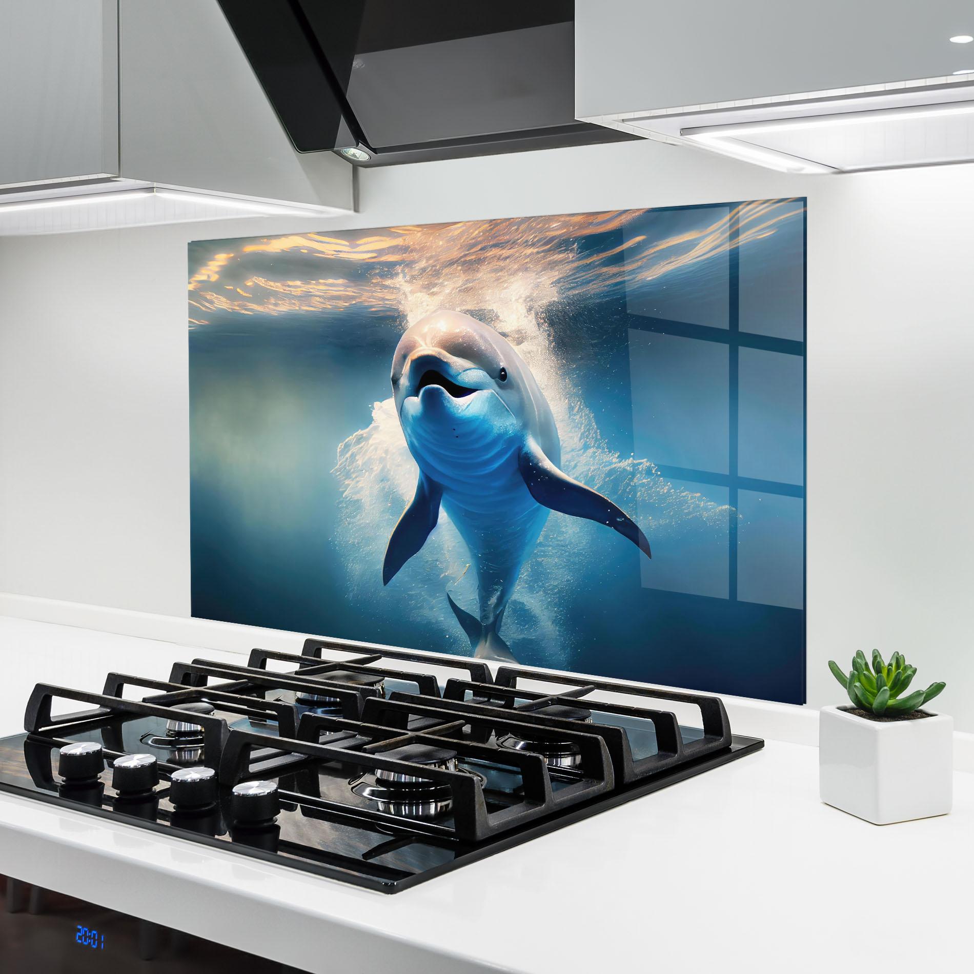 Konyhai üveg hátfal Happy Dolphin mockup 6