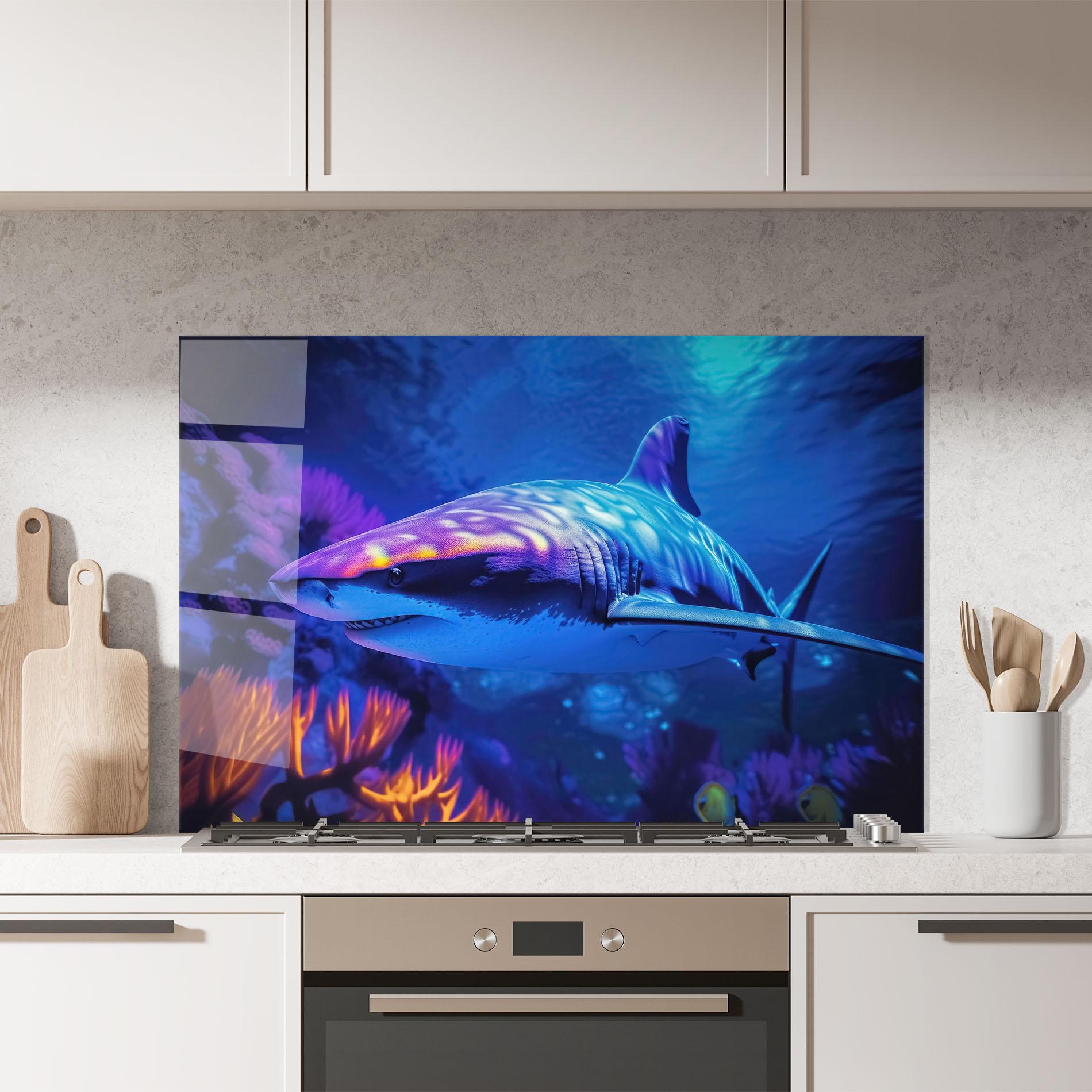 Konyhai üveg hátfal Blue Light Shark mockup 7