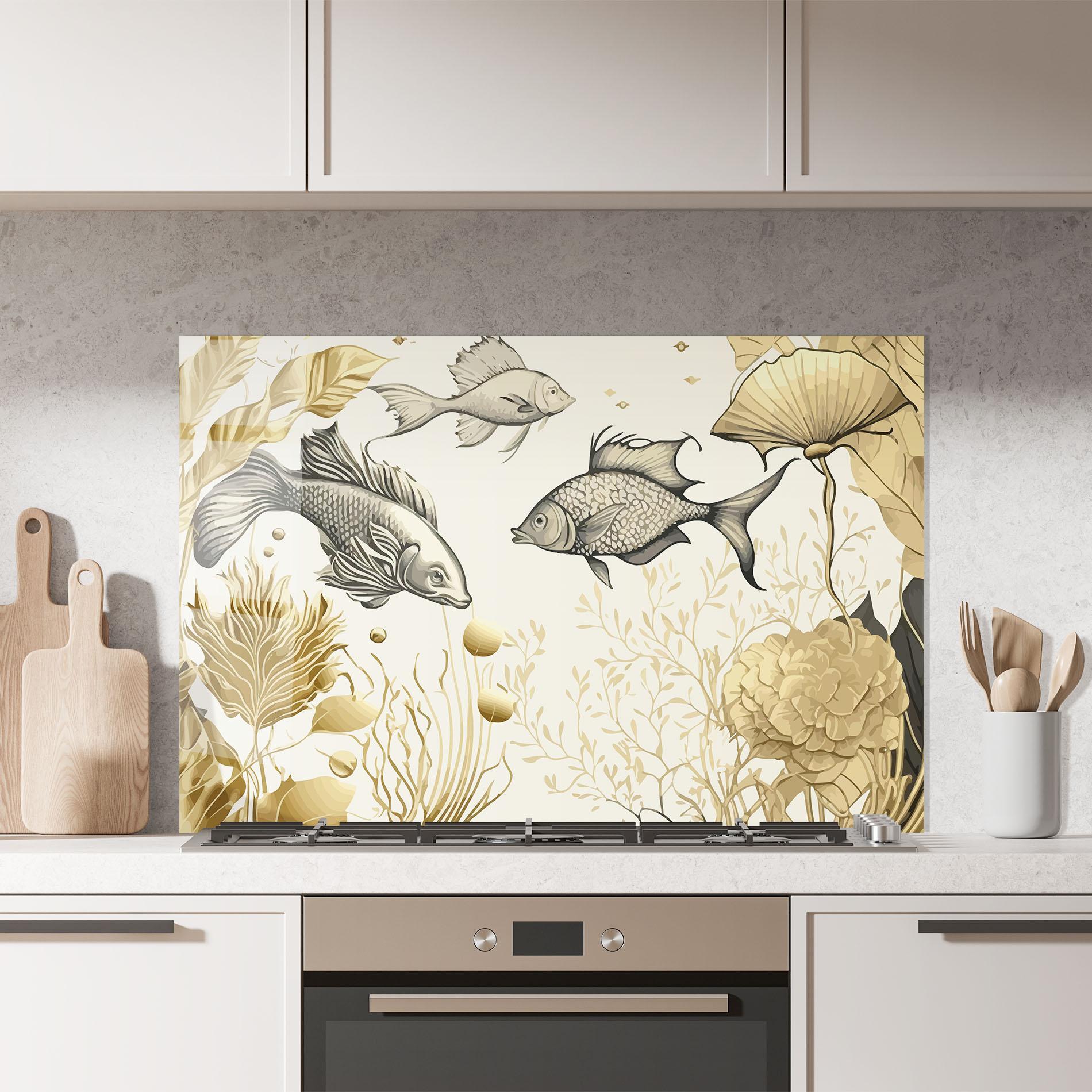 Konyhai üveg hátfal Grey Gold Fish mockup 7