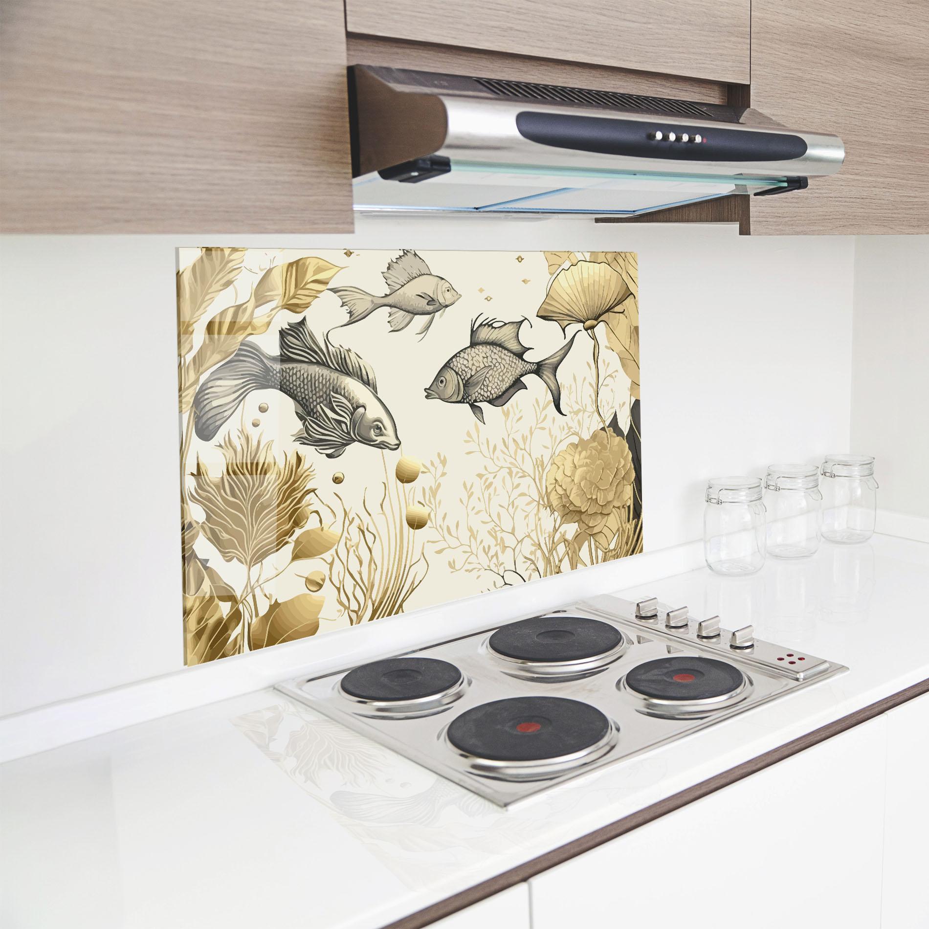 Konyhai üveg hátfal Grey Gold Fish mockup 8