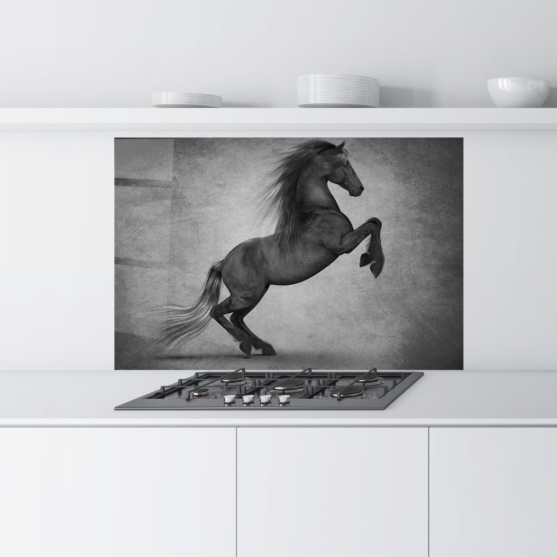 Konyhai üveg hátfal Black Horse Jumping mockup 9