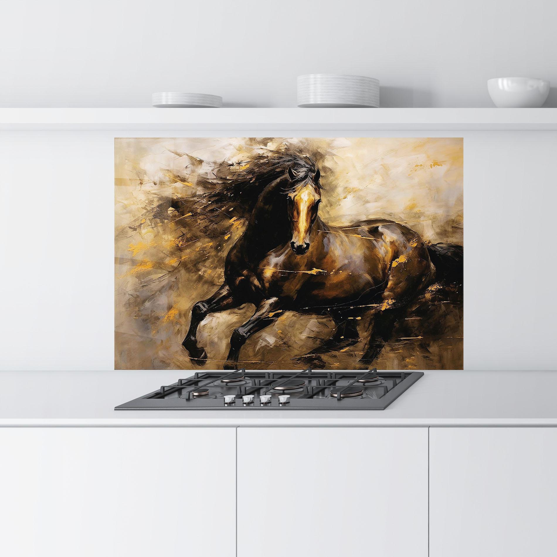 Konyhai üveg hátfal Gold Brown Horse mockup 9