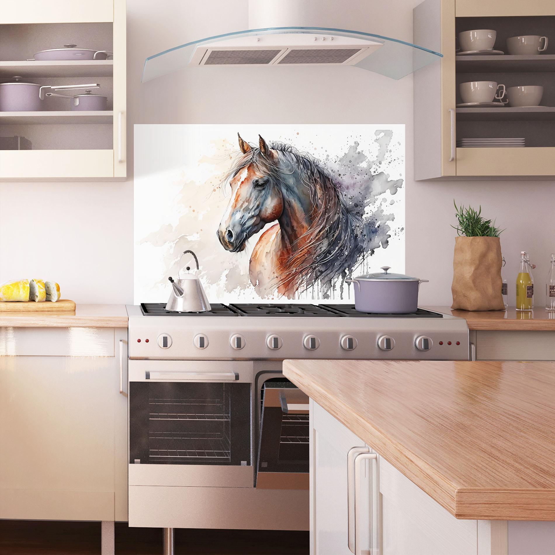 Konyhai üveg hátfal Black Brown Horse Painting mockup 1