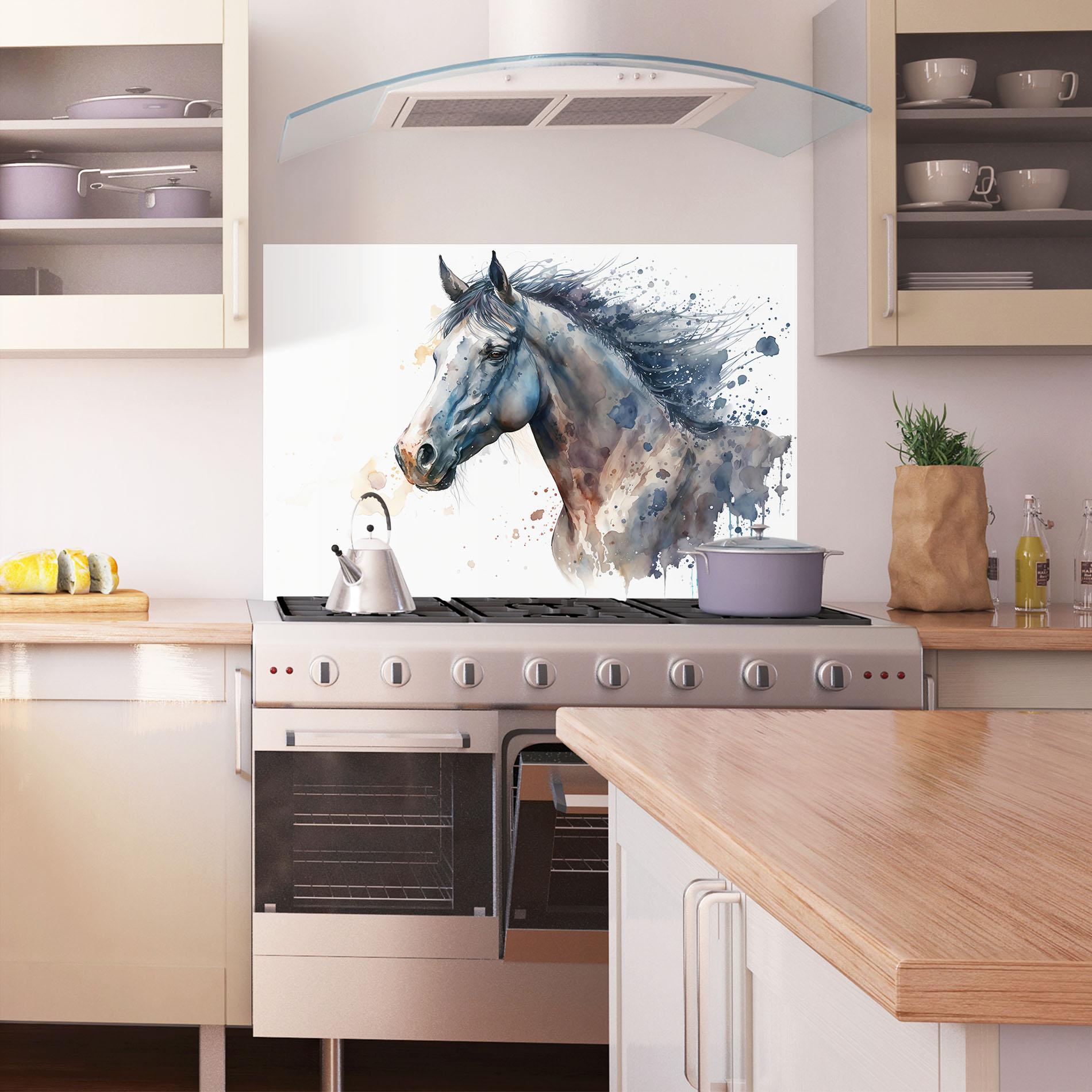 Konyhai üveg hátfal Blue Horse Painting mockup 1