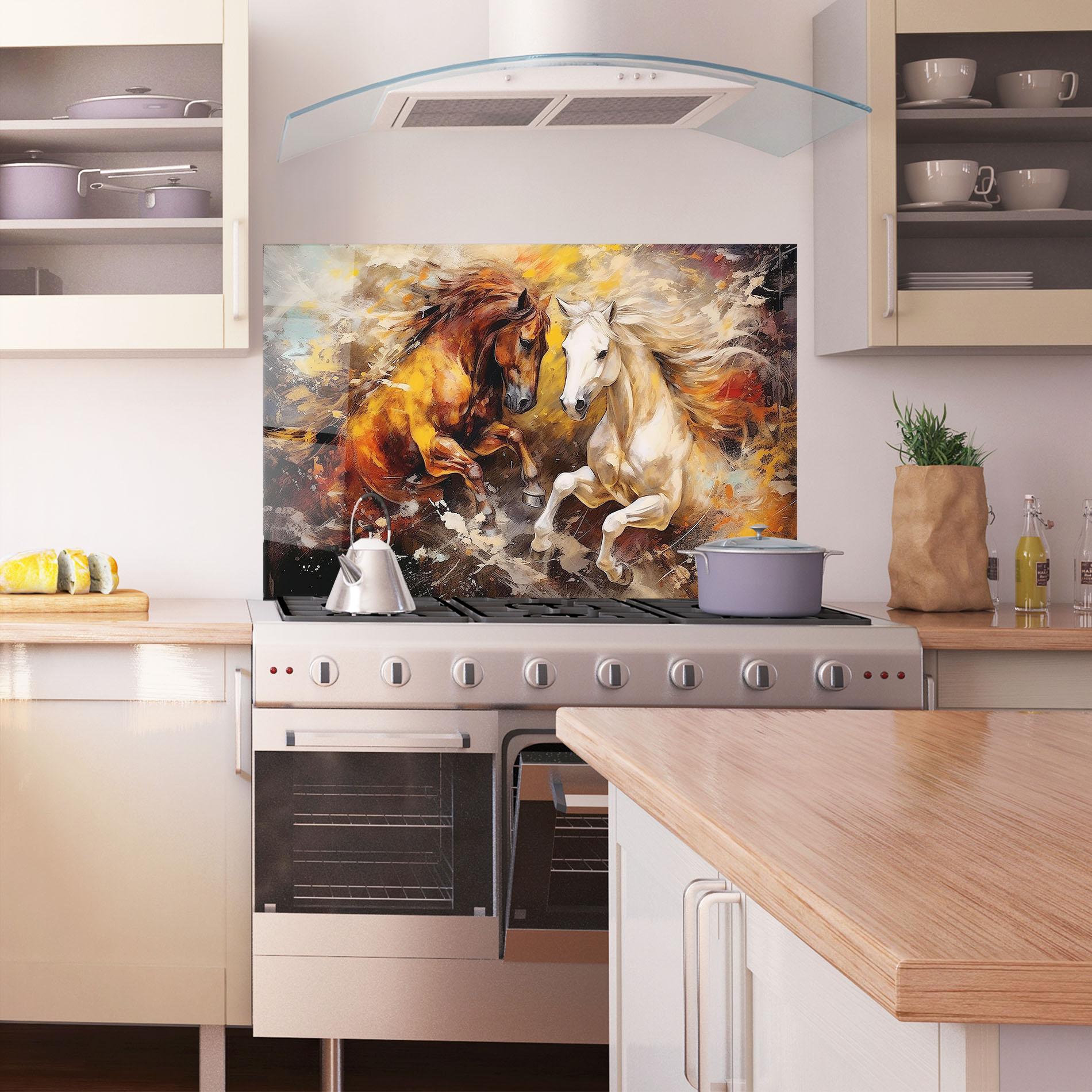 Konyhai üveg hátfal Brown White Horses mockup 1