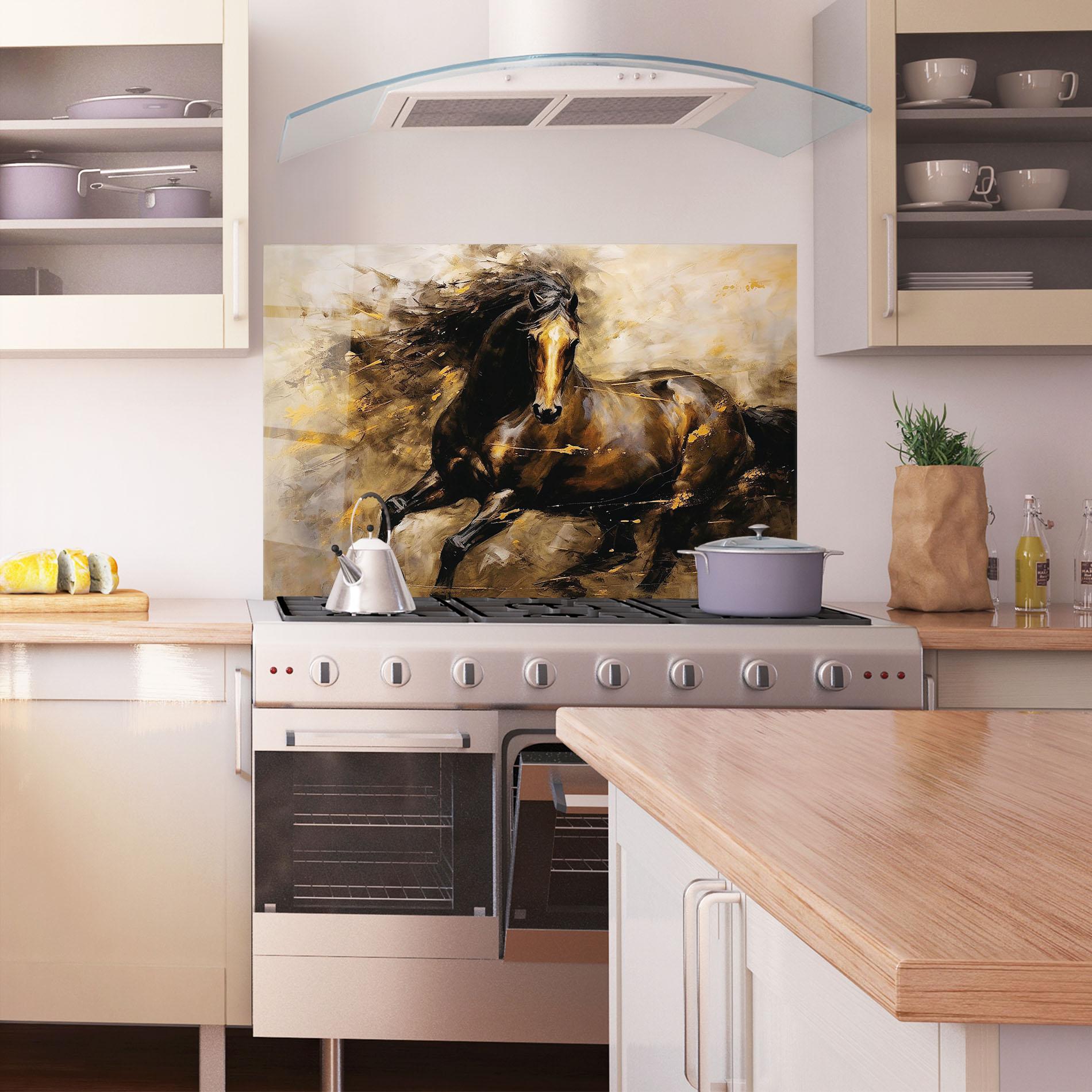 Konyhai üveg hátfal Gold Brown Horse mockup 1