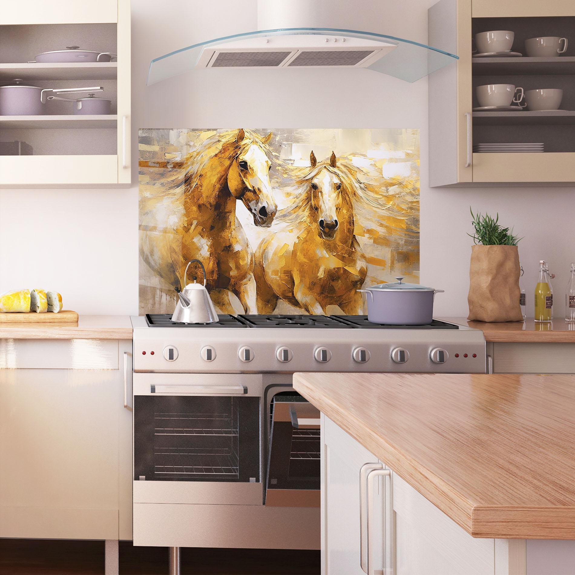 Konyhai üveg hátfal Golden Brown Horses mockup 1