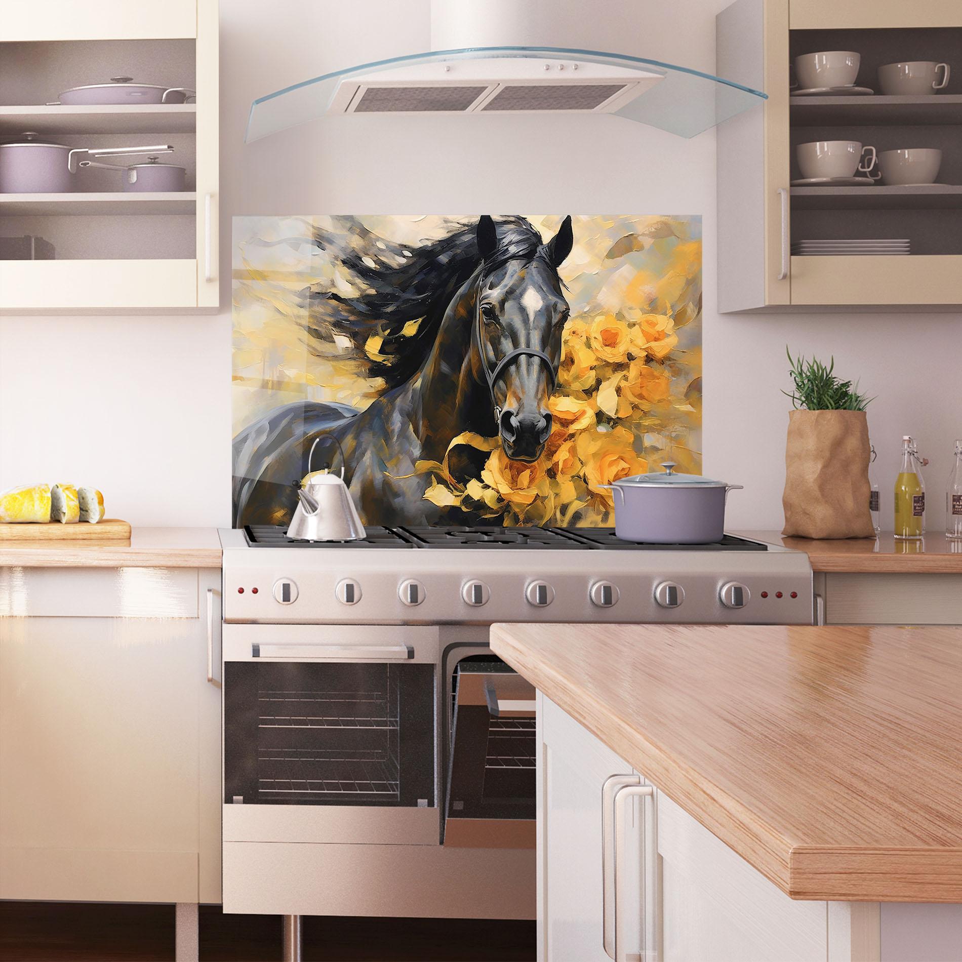 Konyhai üveg hátfal Yellow Roses Horse mockup 1