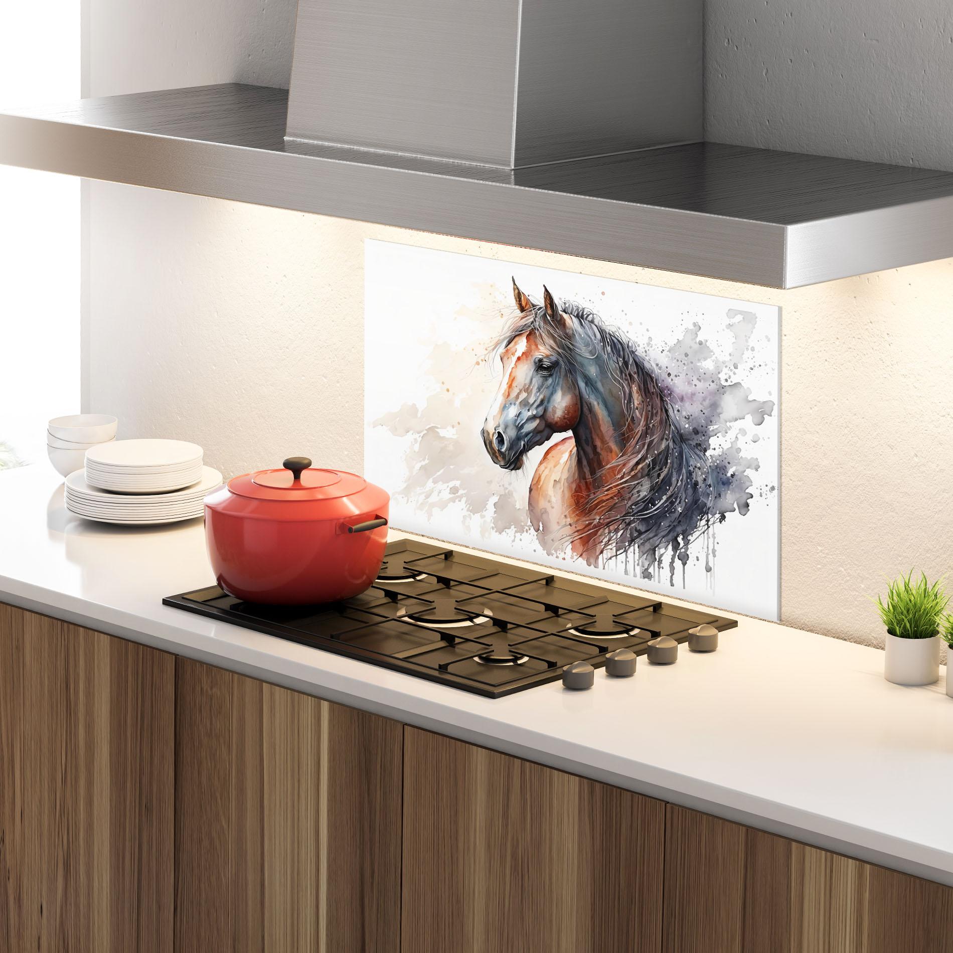 Konyhai üveg hátfal Black Brown Horse Painting mockup 4