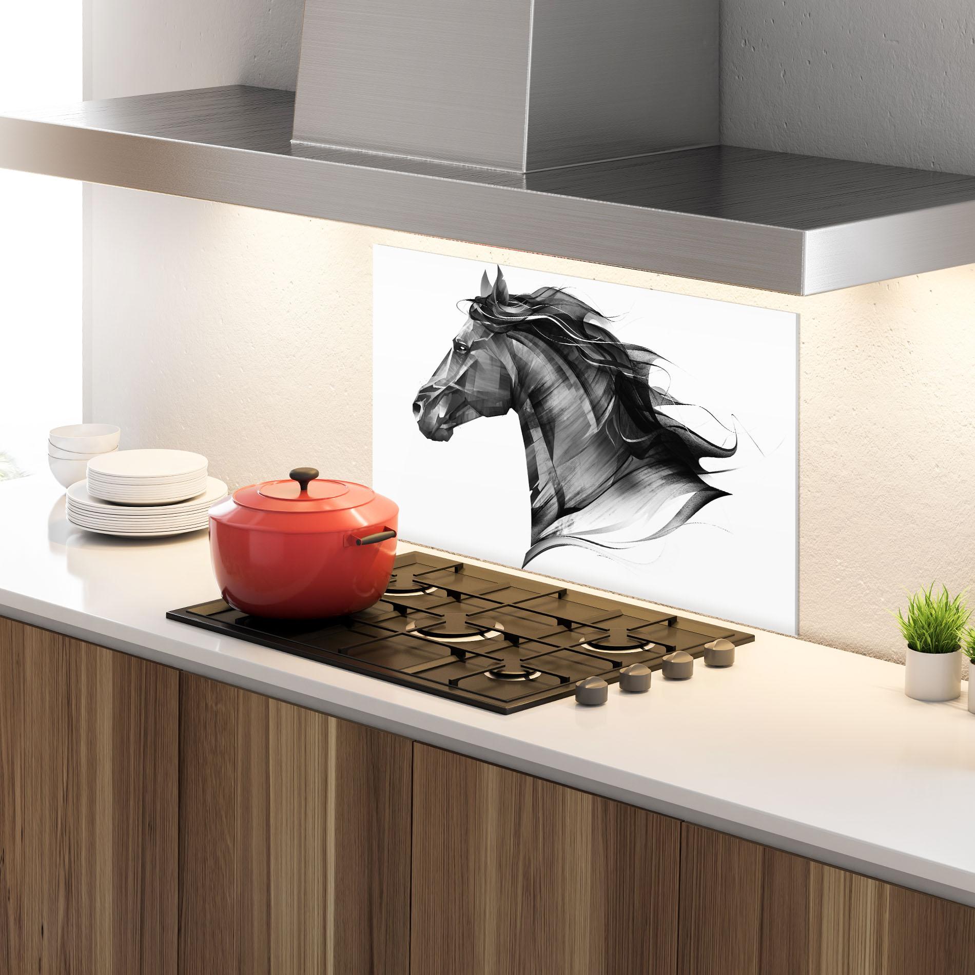 Konyhai üveg hátfal Black Portrait Horse mockup 4