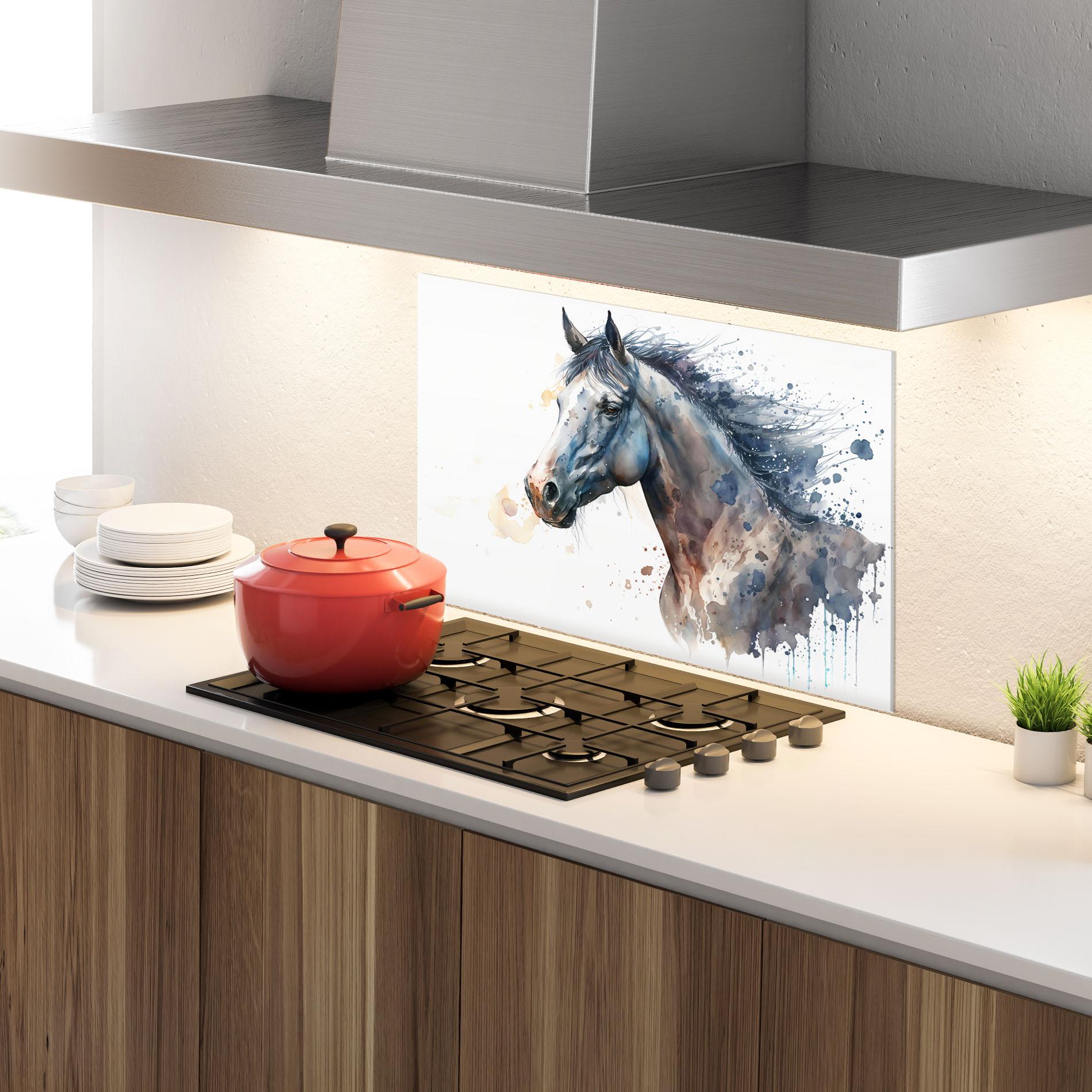 Konyhai üveg hátfal Blue Horse Painting mockup 4