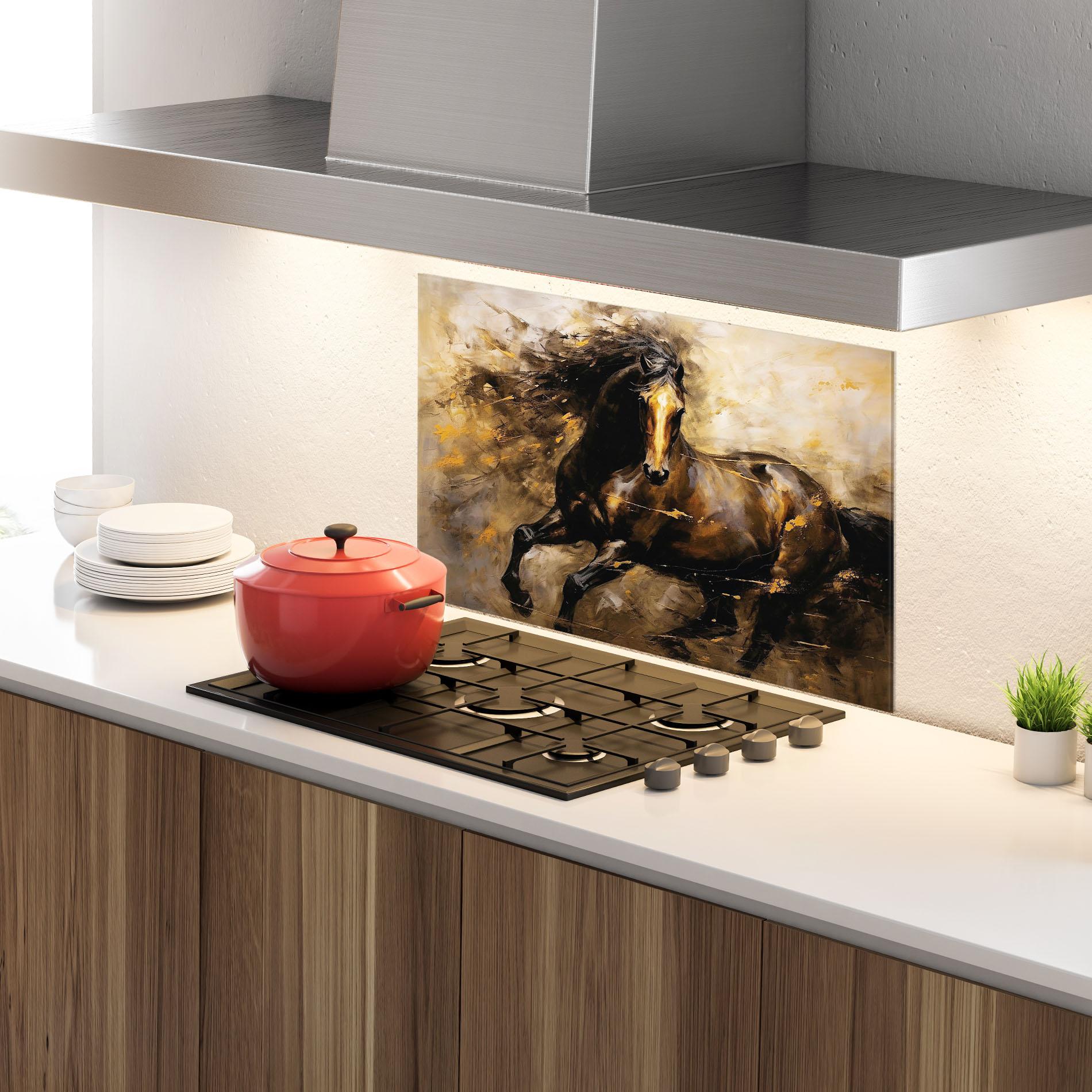 Konyhai üveg hátfal Gold Brown Horse mockup 4