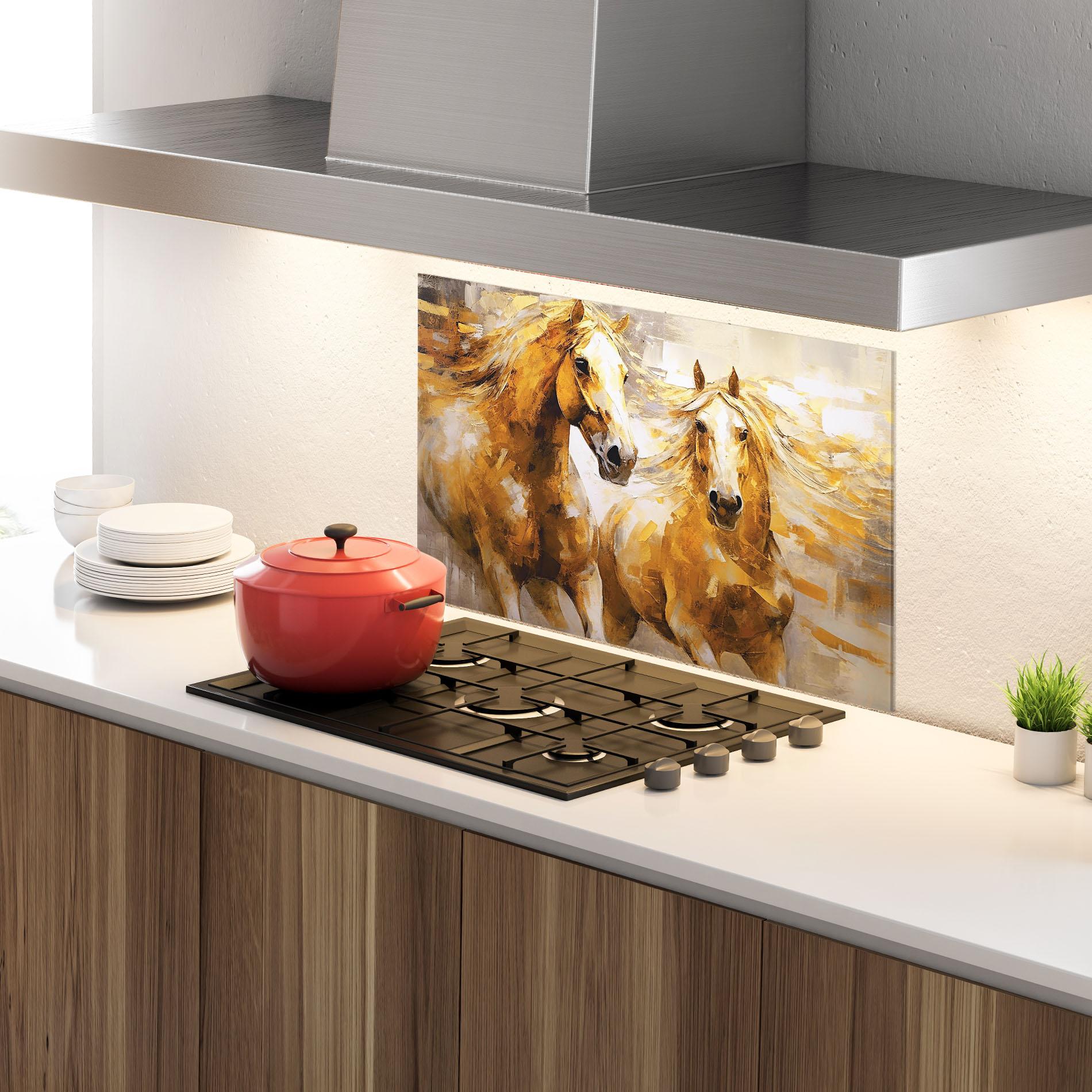 Konyhai üveg hátfal Golden Brown Horses mockup 4