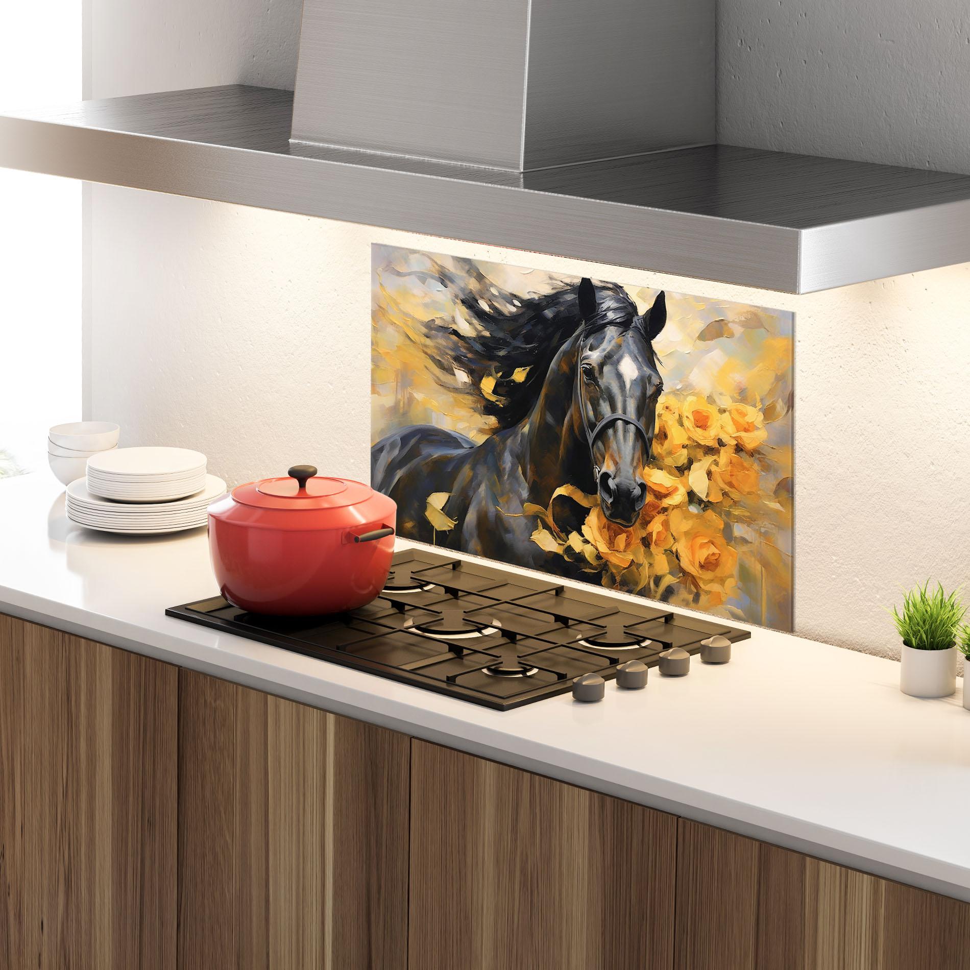Konyhai üveg hátfal Yellow Roses Horse mockup 4