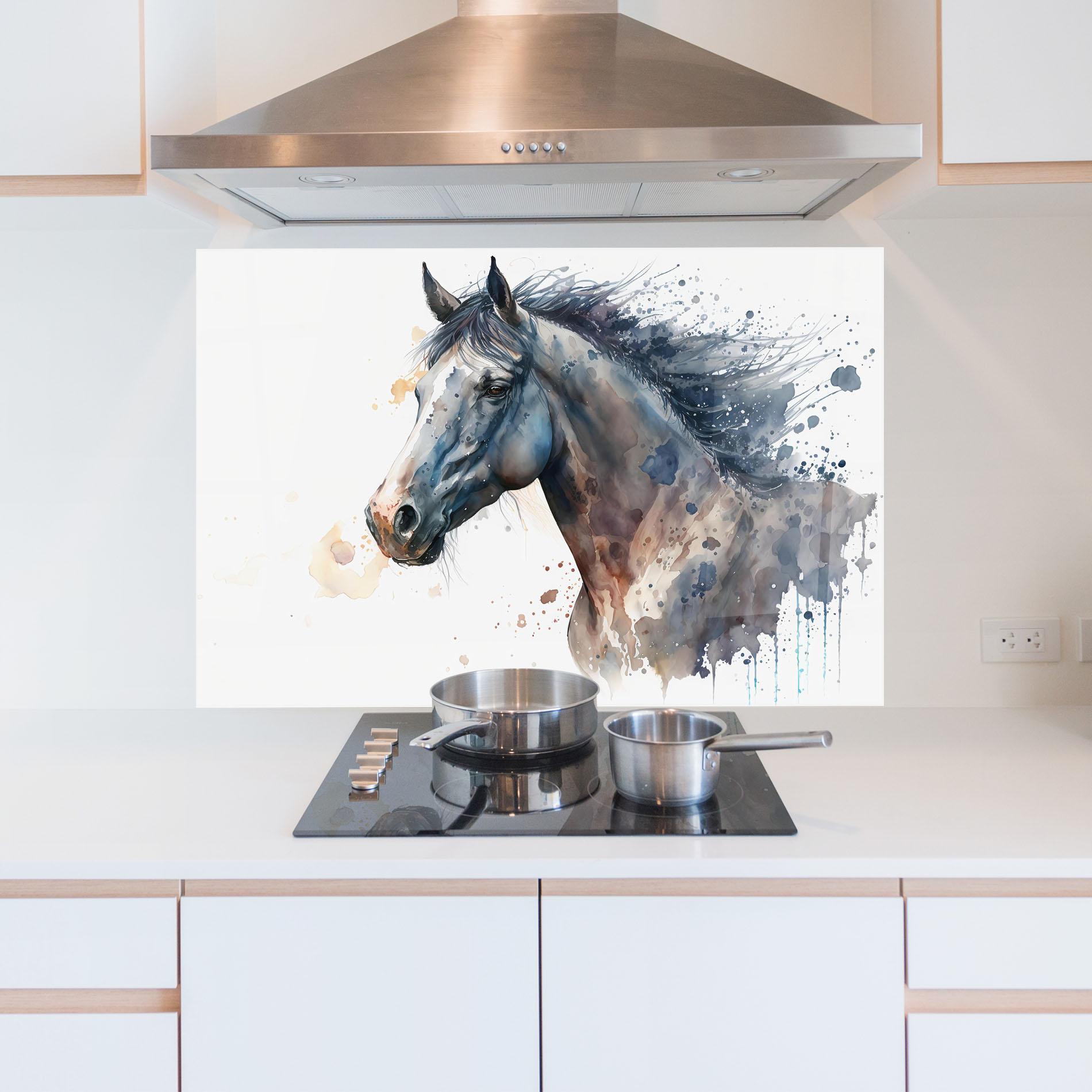 Konyhai üveg hátfal Blue Horse Painting mockup 5