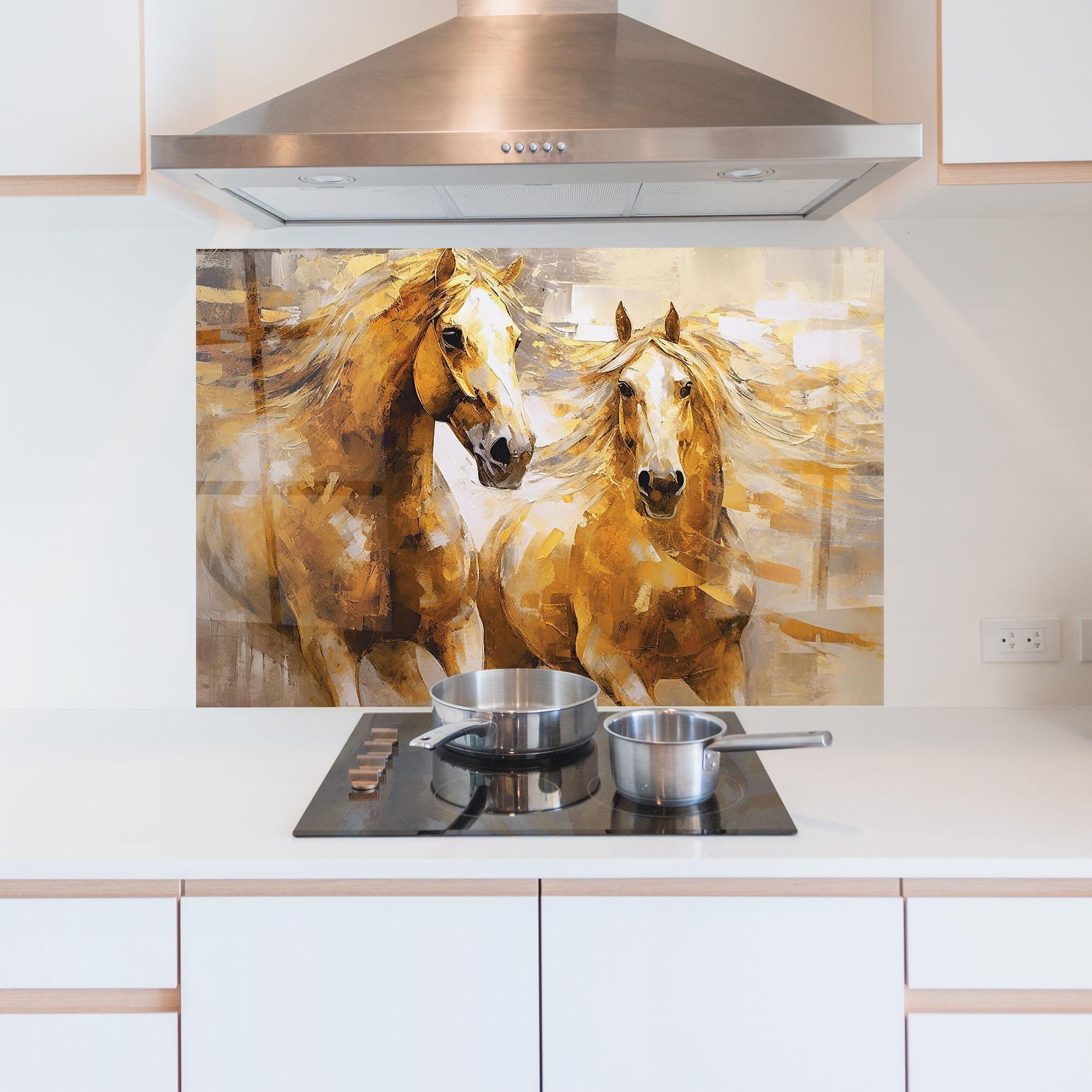 Konyhai üveg hátfal Golden Brown Horses mockup 5