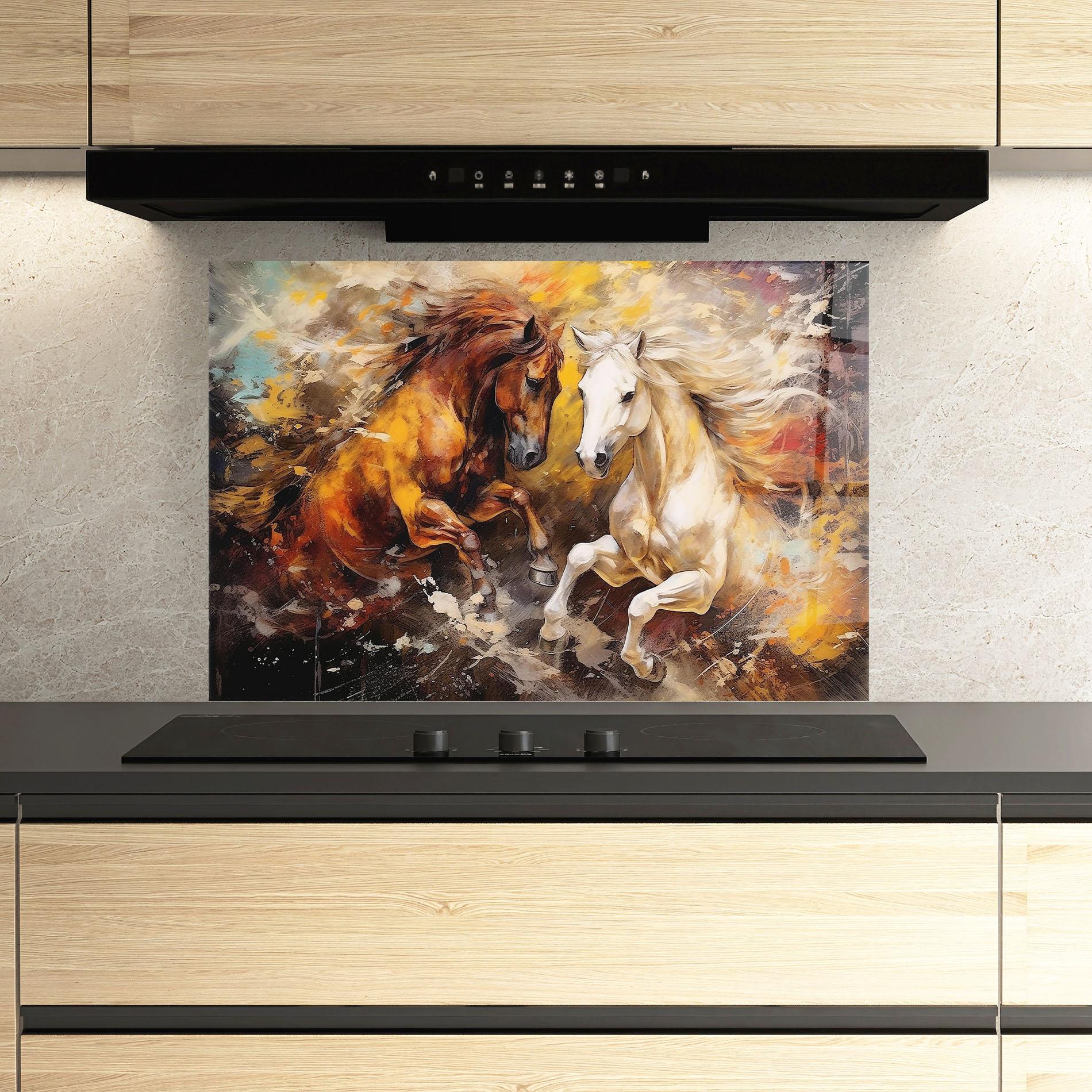 Konyhai üveg hátfal Brown White Horses mockup 3