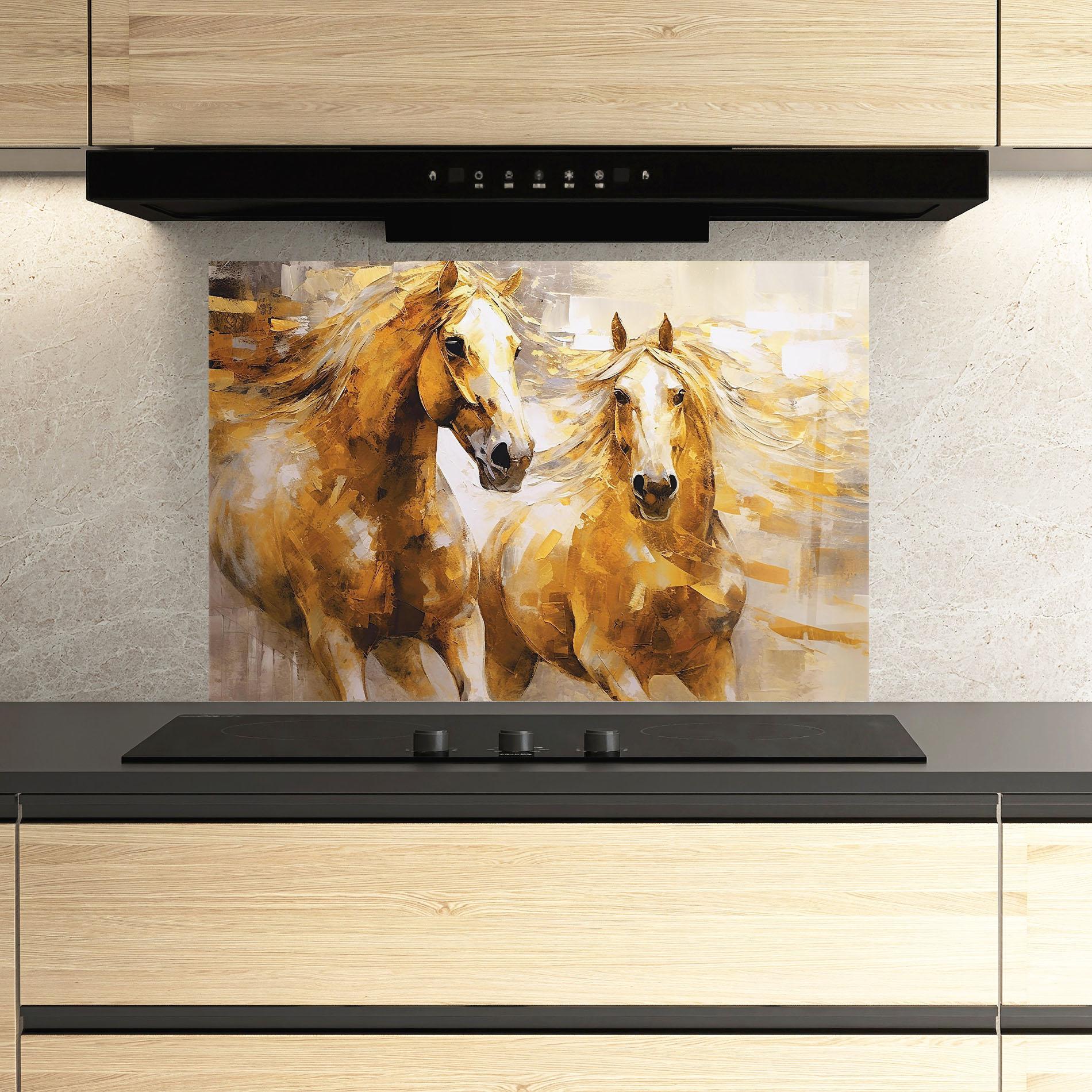 Konyhai üveg hátfal Golden Brown Horses mockup 3