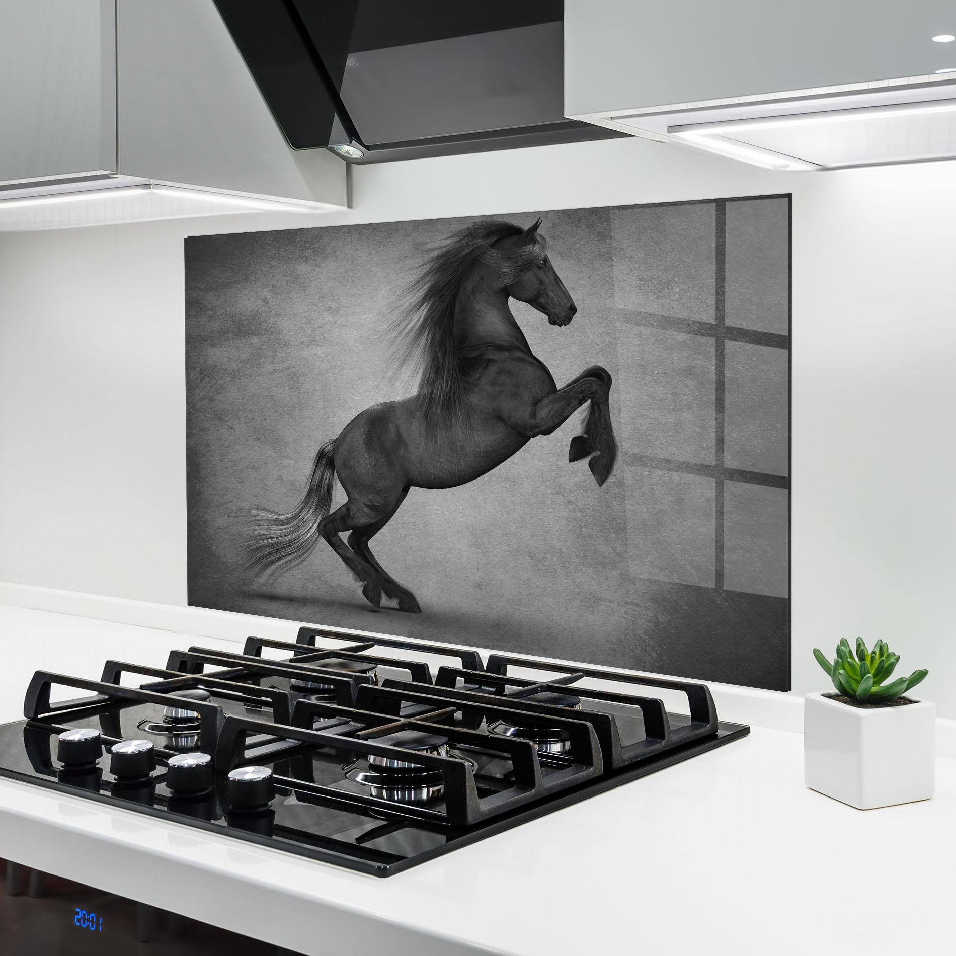 Konyhai üveg hátfal Black Horse Jumping mockup 6