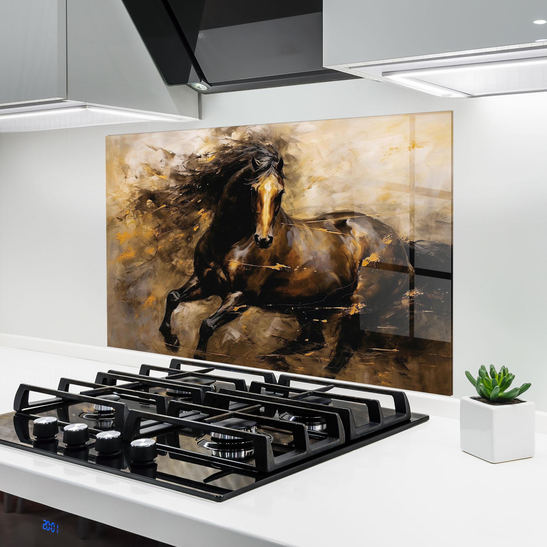 Konyhai üveg hátfal Gold Brown Horse mockup 6