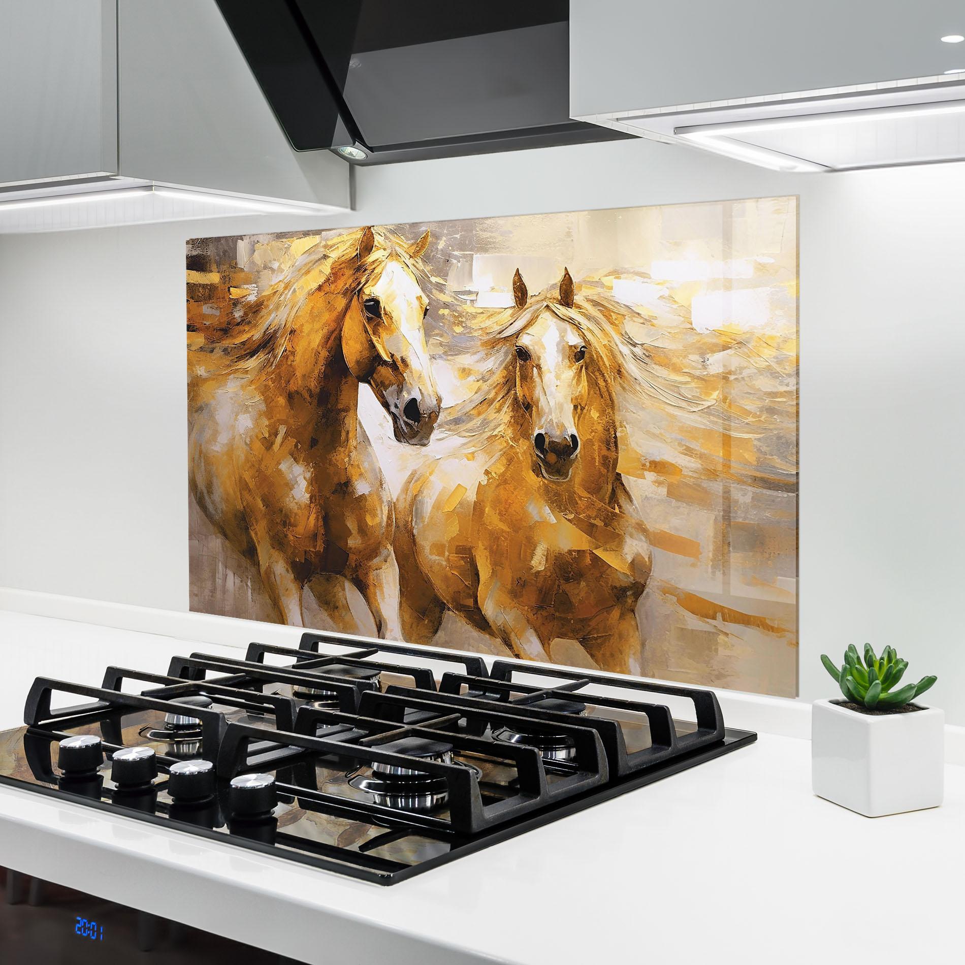 Konyhai üveg hátfal Golden Brown Horses mockup 6