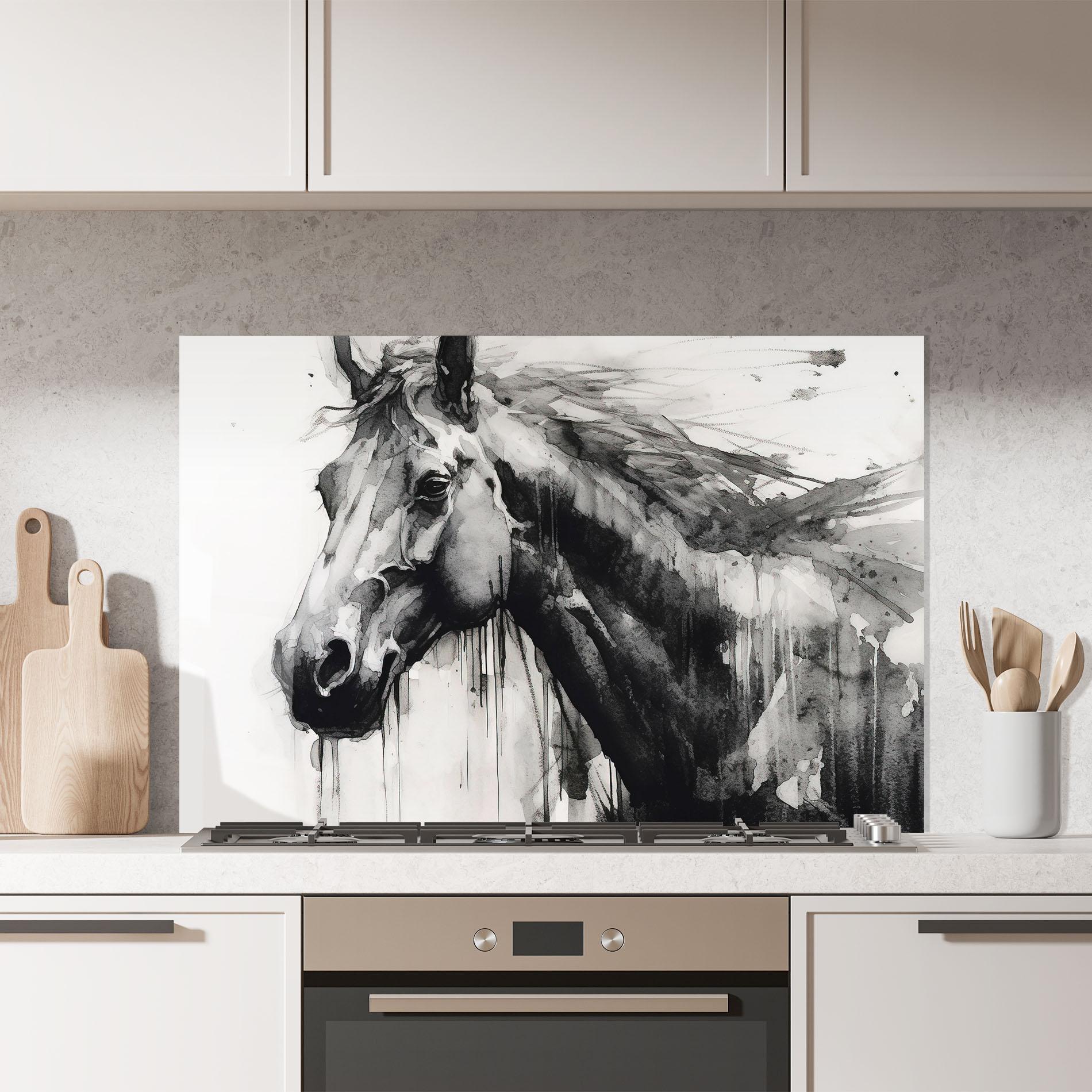 Konyhai üveg hátfal Black Horse Painting mockup 7