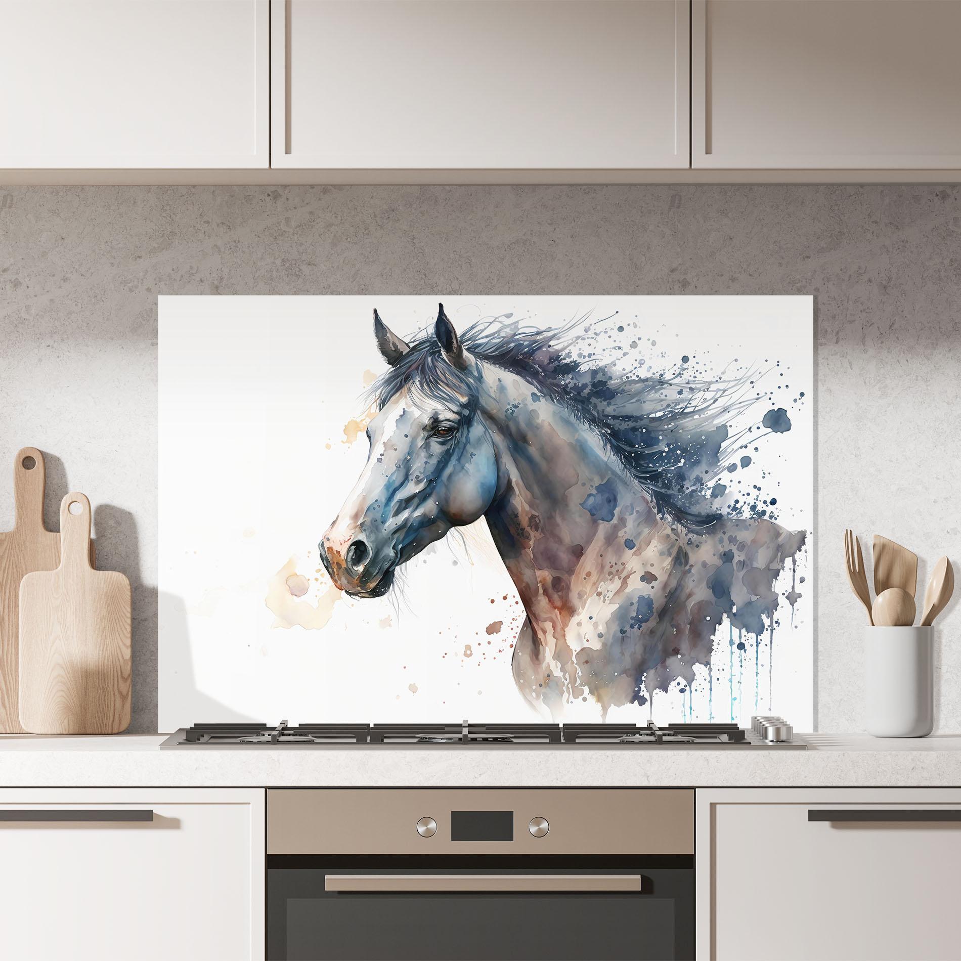 Konyhai üveg hátfal Blue Horse Painting mockup 7