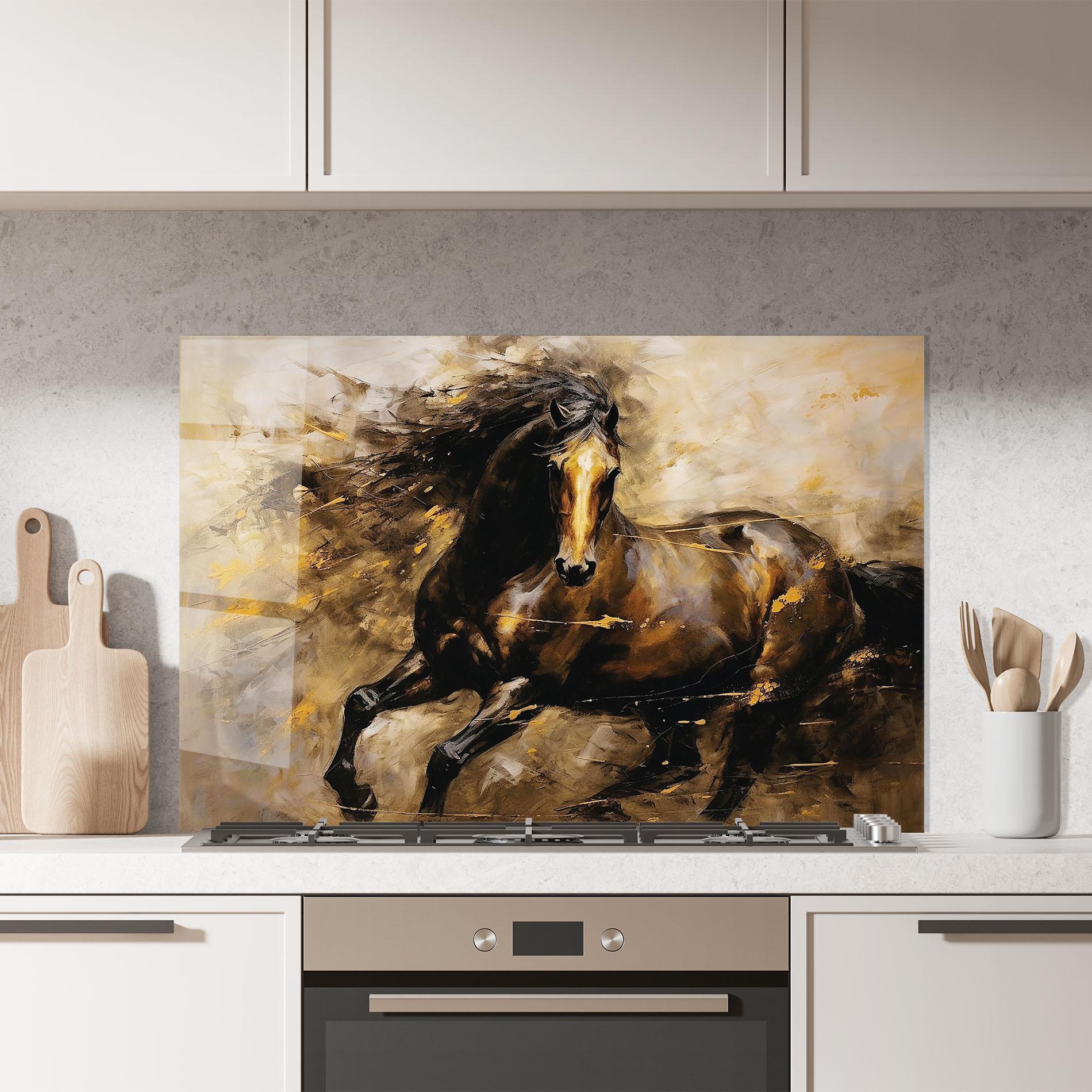 Konyhai üveg hátfal Gold Brown Horse mockup 7