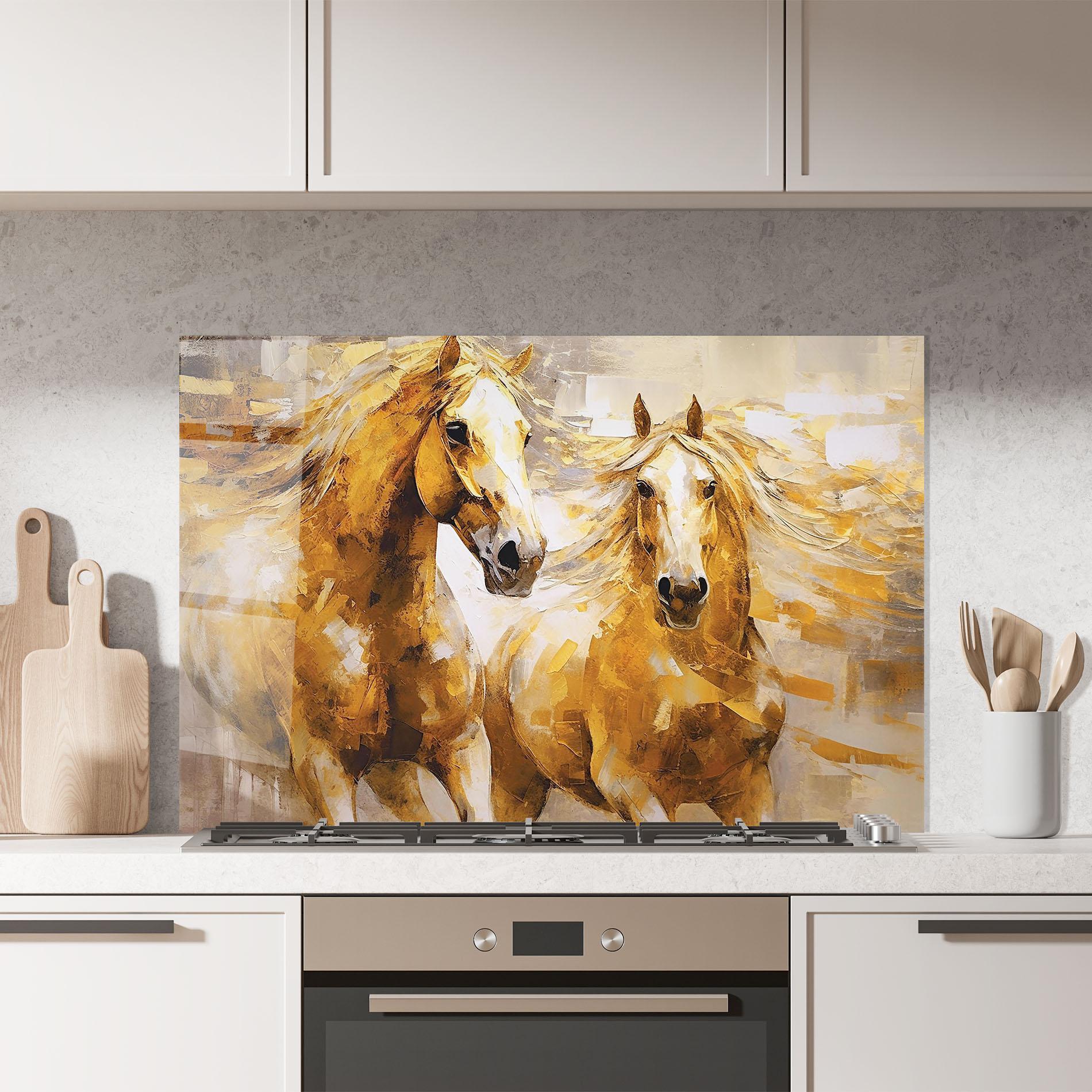 Konyhai üveg hátfal Golden Brown Horses mockup 7