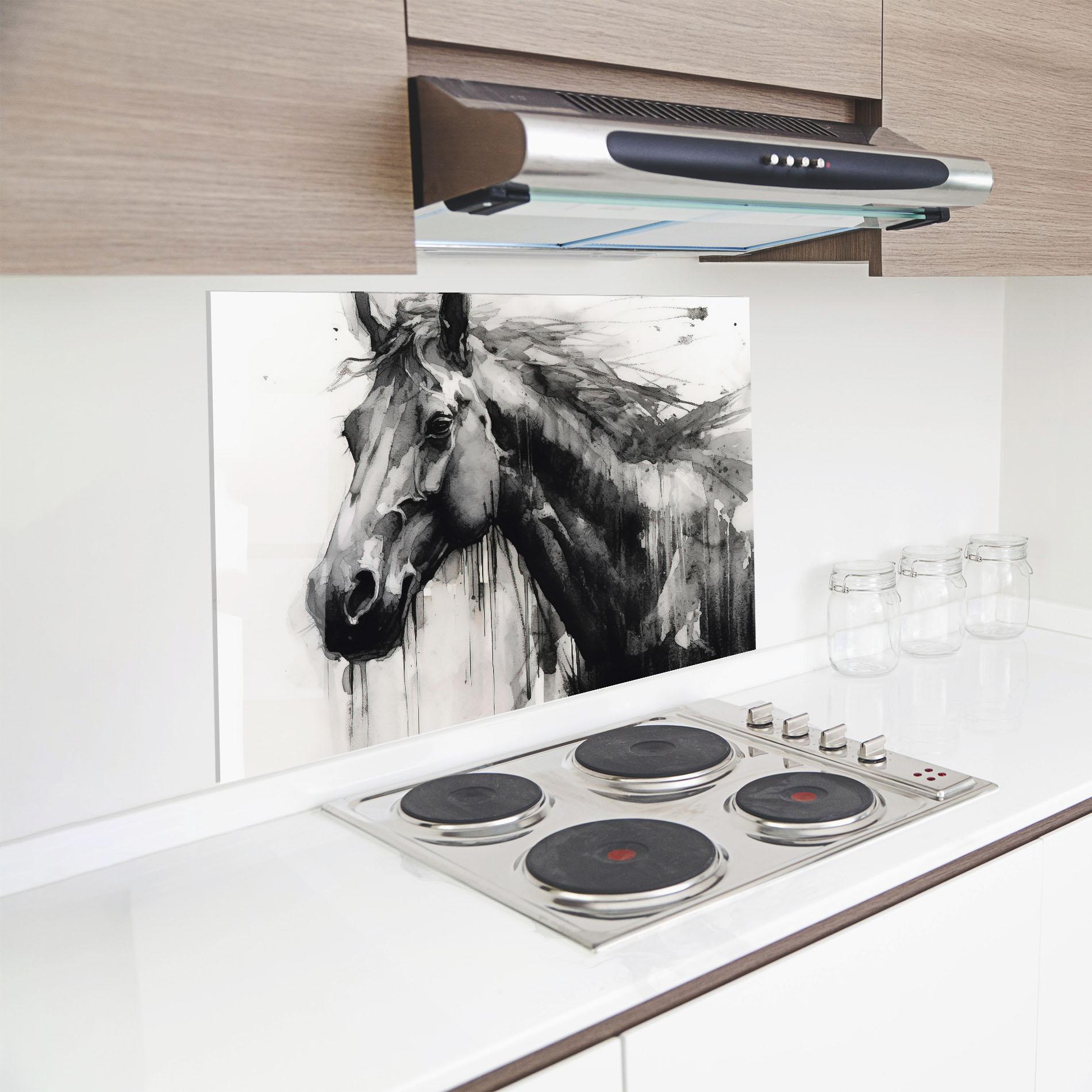 Konyhai üveg hátfal Black Horse Painting mockup 8