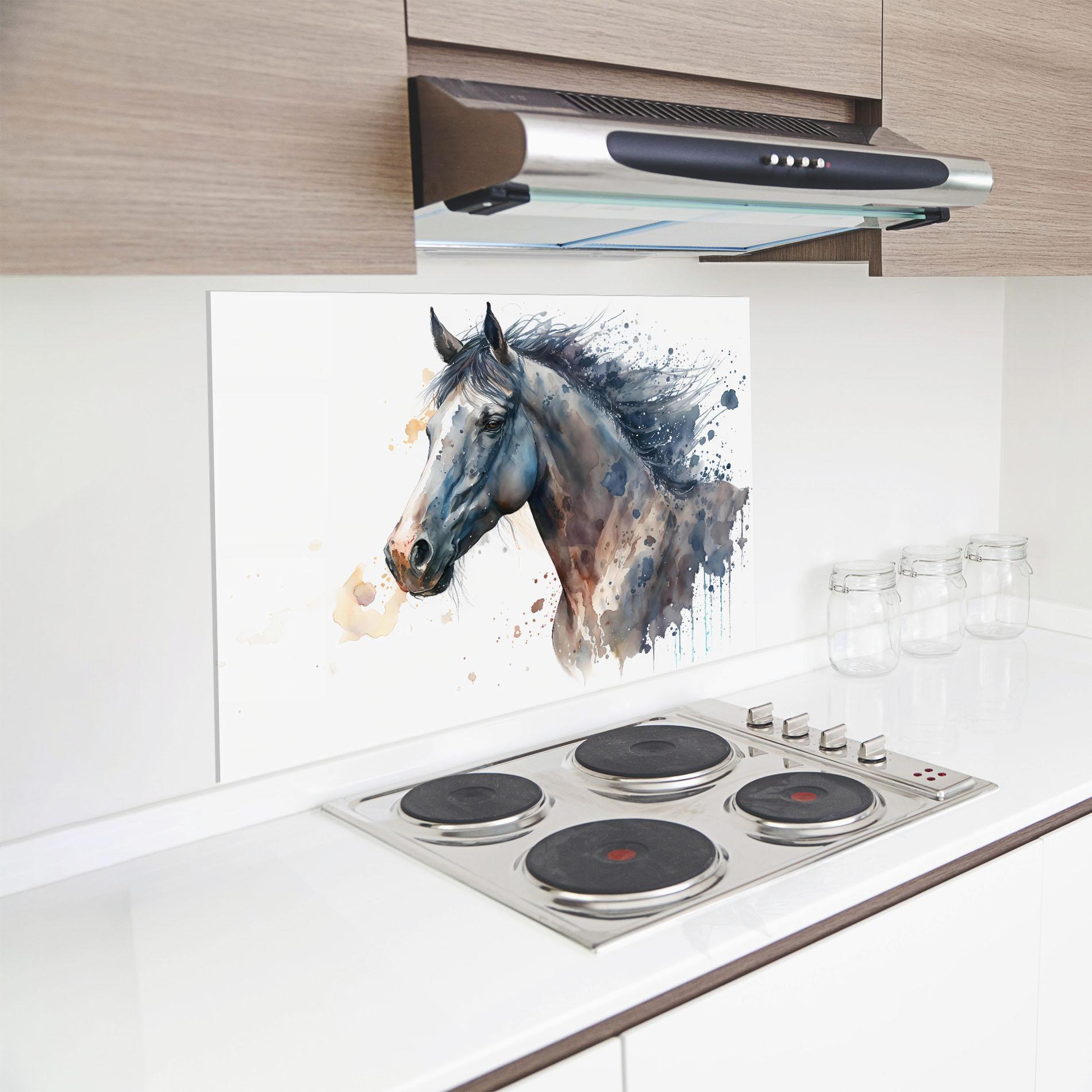 Konyhai üveg hátfal Blue Horse Painting mockup 8