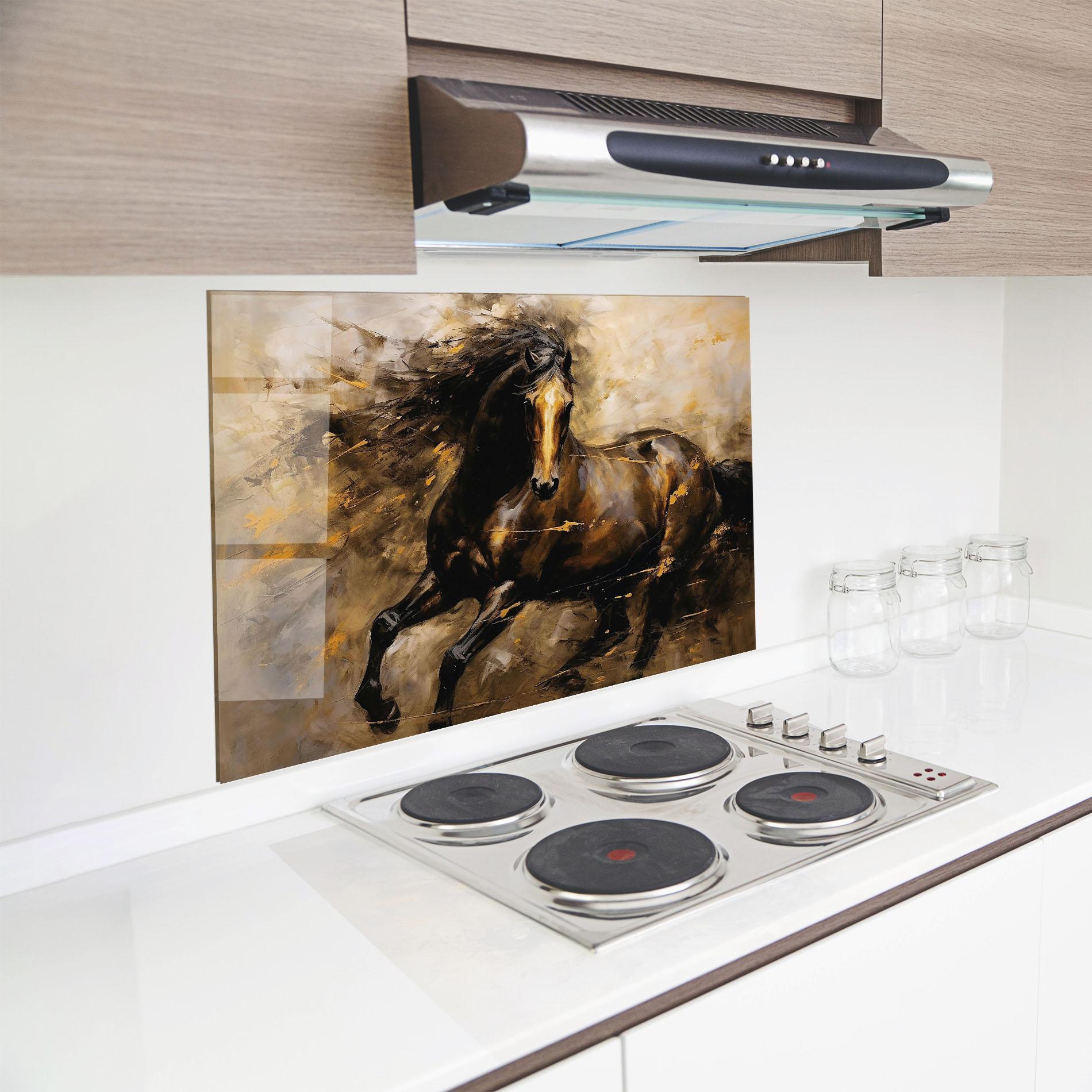 Konyhai üveg hátfal Gold Brown Horse mockup 8