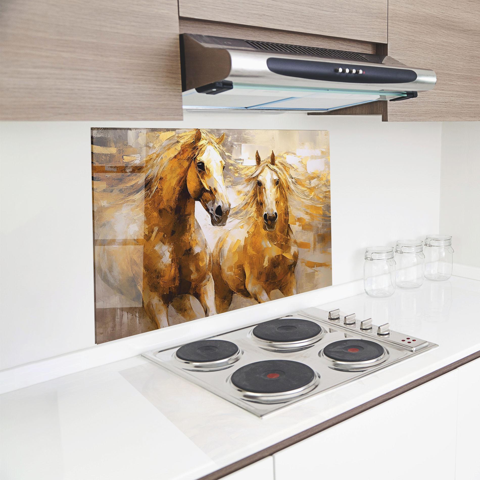 Konyhai üveg hátfal Golden Brown Horses mockup 8