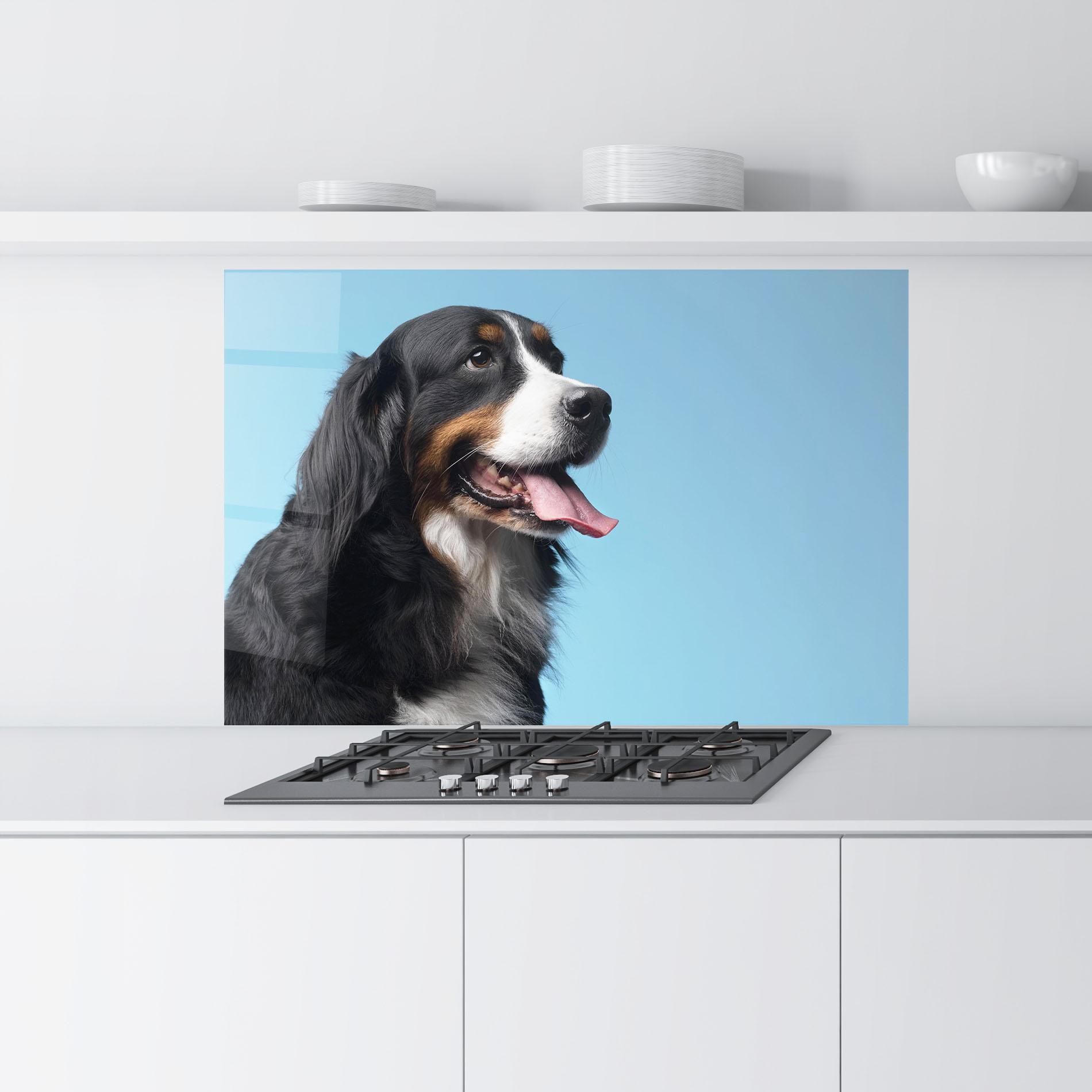 Konyhai üveg hátfal Dog On Blue mockup 9