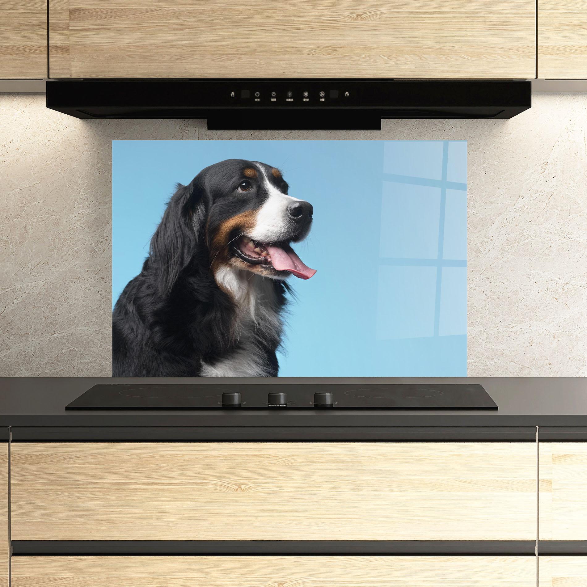 Konyhai üveg hátfal Dog On Blue mockup 3
