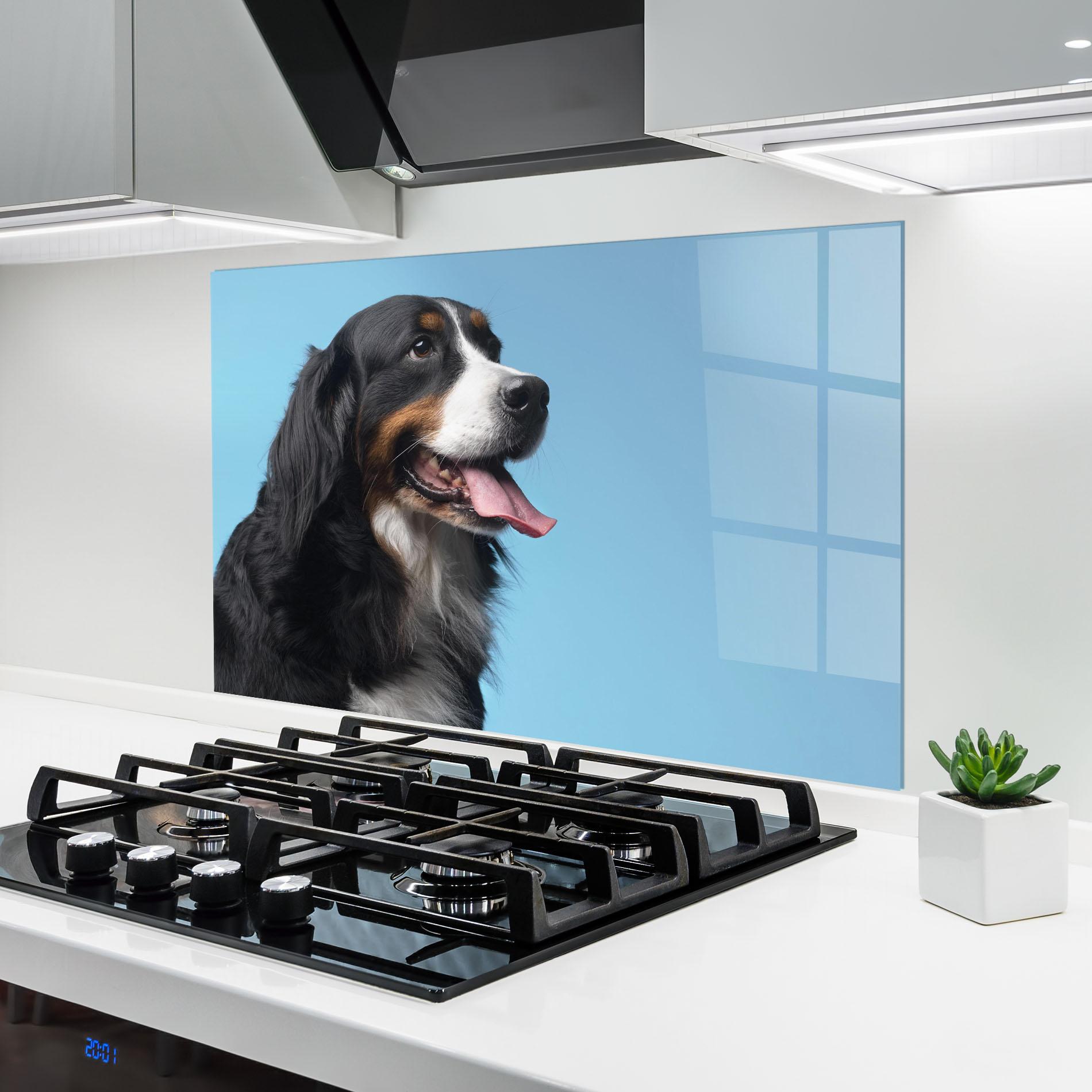 Konyhai üveg hátfal Dog On Blue mockup 6